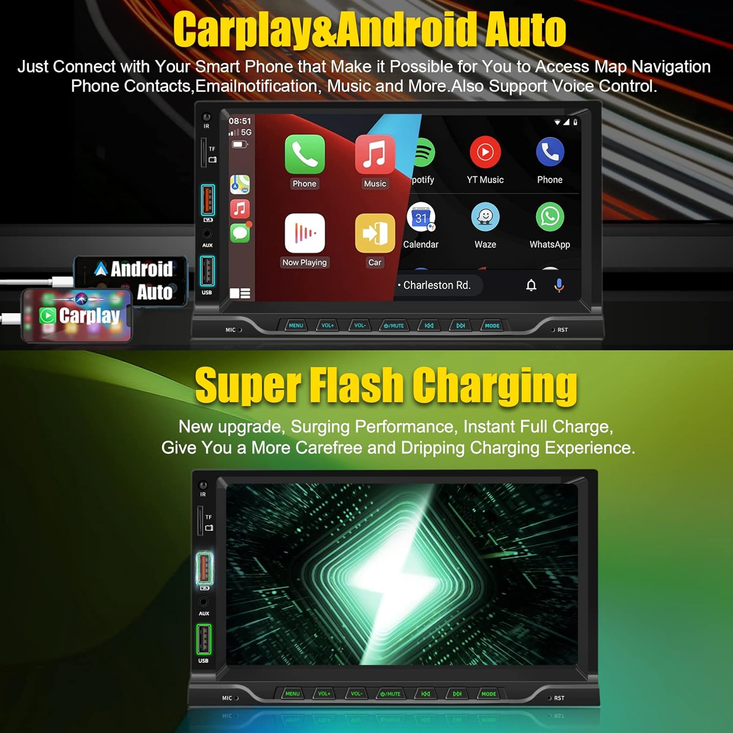 2025 Double Din Car Stereo Player Compatible with Apple Carplay & Android Auto – 7 Inch Car MP5 with BT| Mirror Link| HD Backup Camera| USB/SD/AUX Input| AM/FM/Car Radio| SWC| Subwoofer| Fast Charge