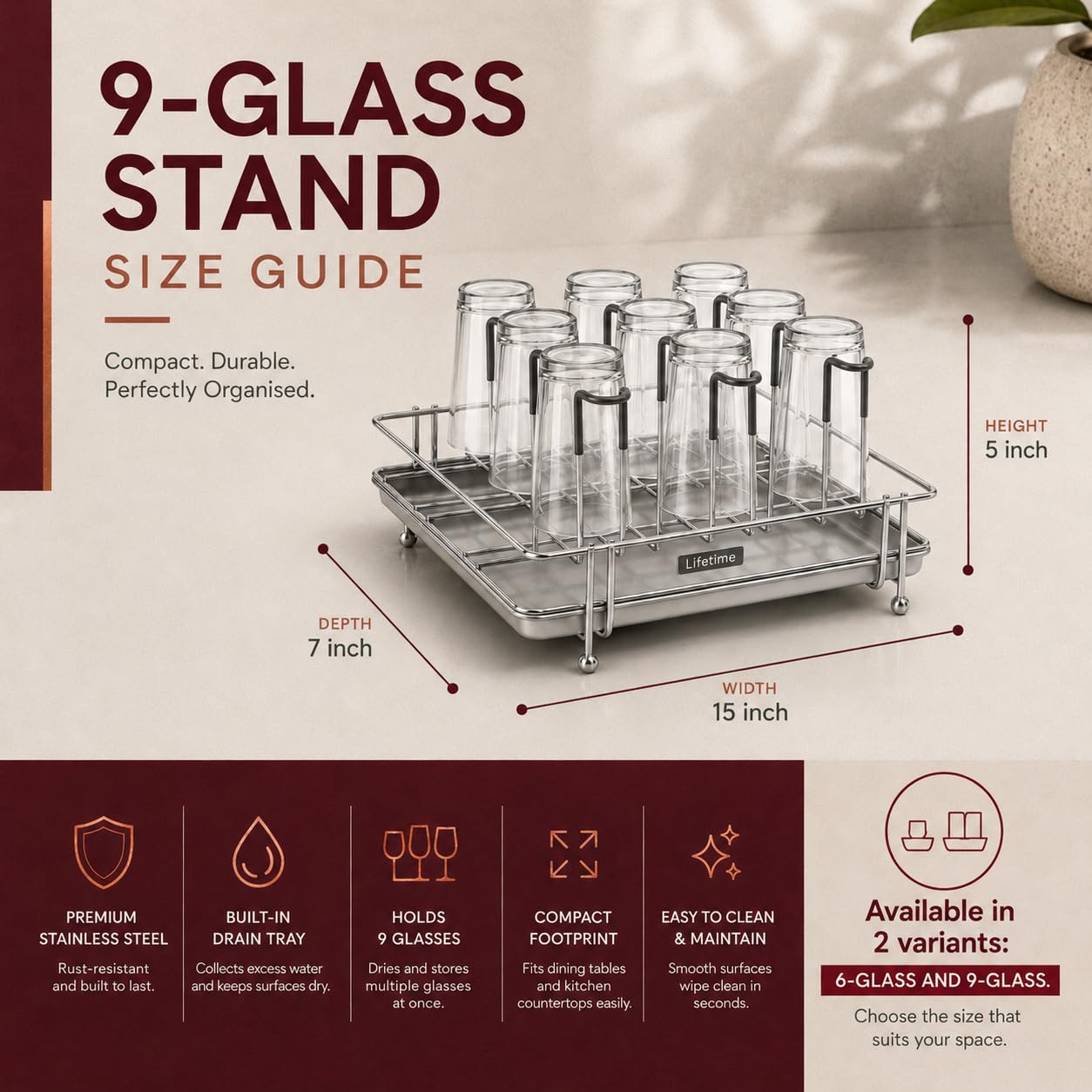 Stainless Steel Glass Stand - 9 Holder, Drain Tray -2 Stainless Steel Glass Stand - 9 Holder, Drain Tray -2