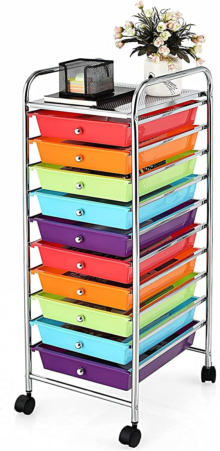 Giantex Plastic Boxes 10 Drawer Rolling Organizer Cart Utility Storage Tools Scrapbook Paper Multi-Use (Multicolor)