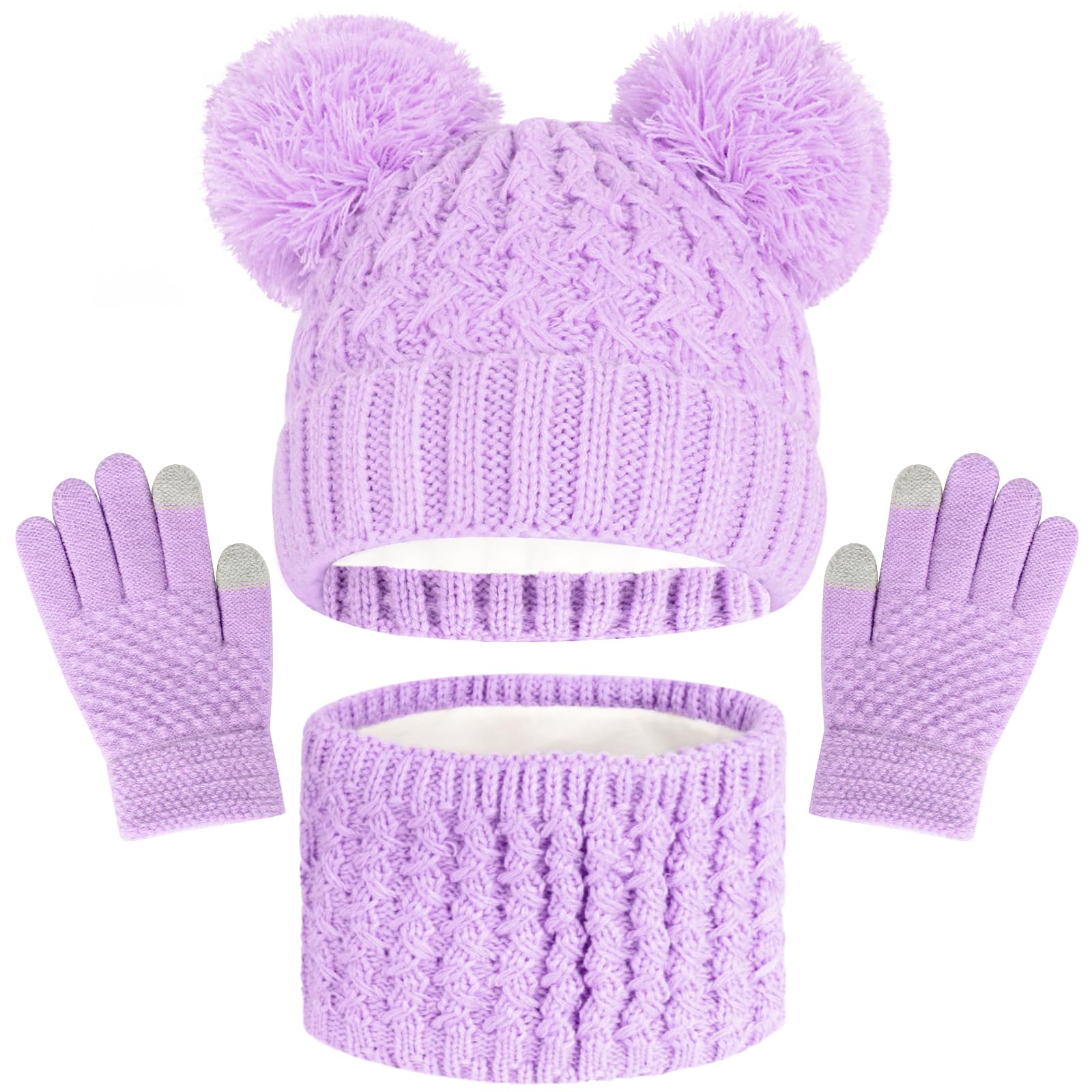 Kids Winter Beanie Hat Scarf Touchscreen Gloves Set, Fleece Lining Boys Girls Winter Hat Neck Warmer Gloves for 1-6 Years