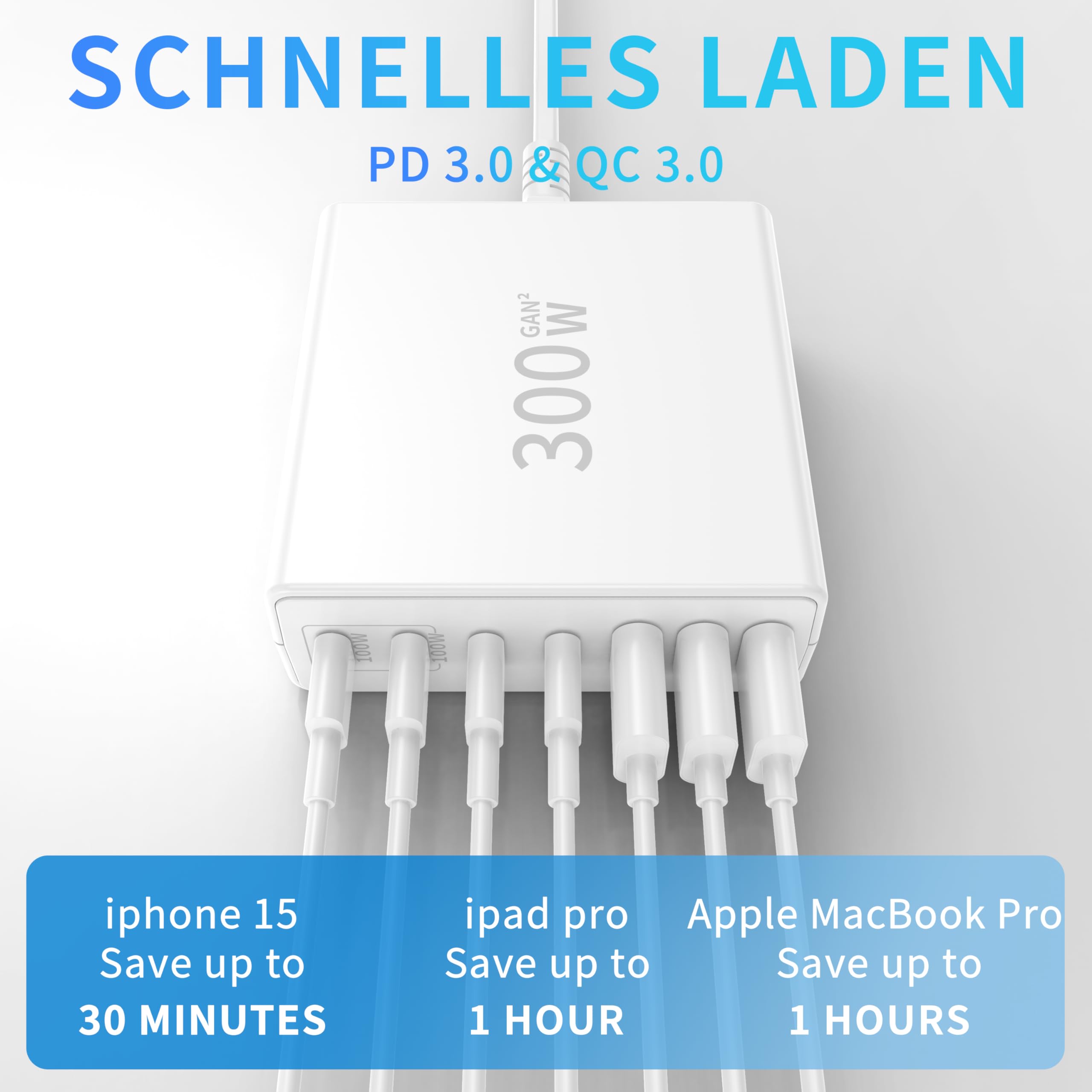 FINIBO Chargeur USB C 300 W : Chargeur Rapide USB Multiple à 7 Ports avec 4 USB-C et 3 USB-A, Chargeur USB C Multiple Chargeur PPS Dual-PD USB c pour MacBook Pro/Air, iPad Pro/Air, Samsung
