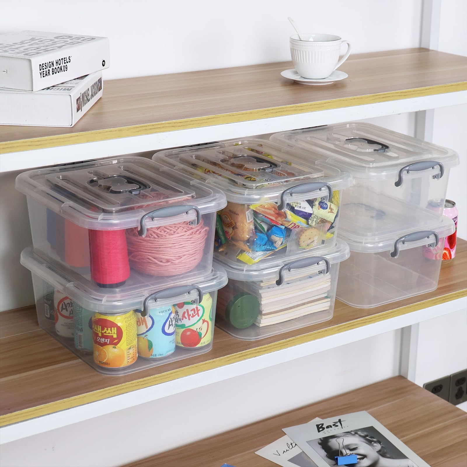 Confezione da 6 scatole in plastica con manici grigi, scatola trasparente da 8 litri con coperchio