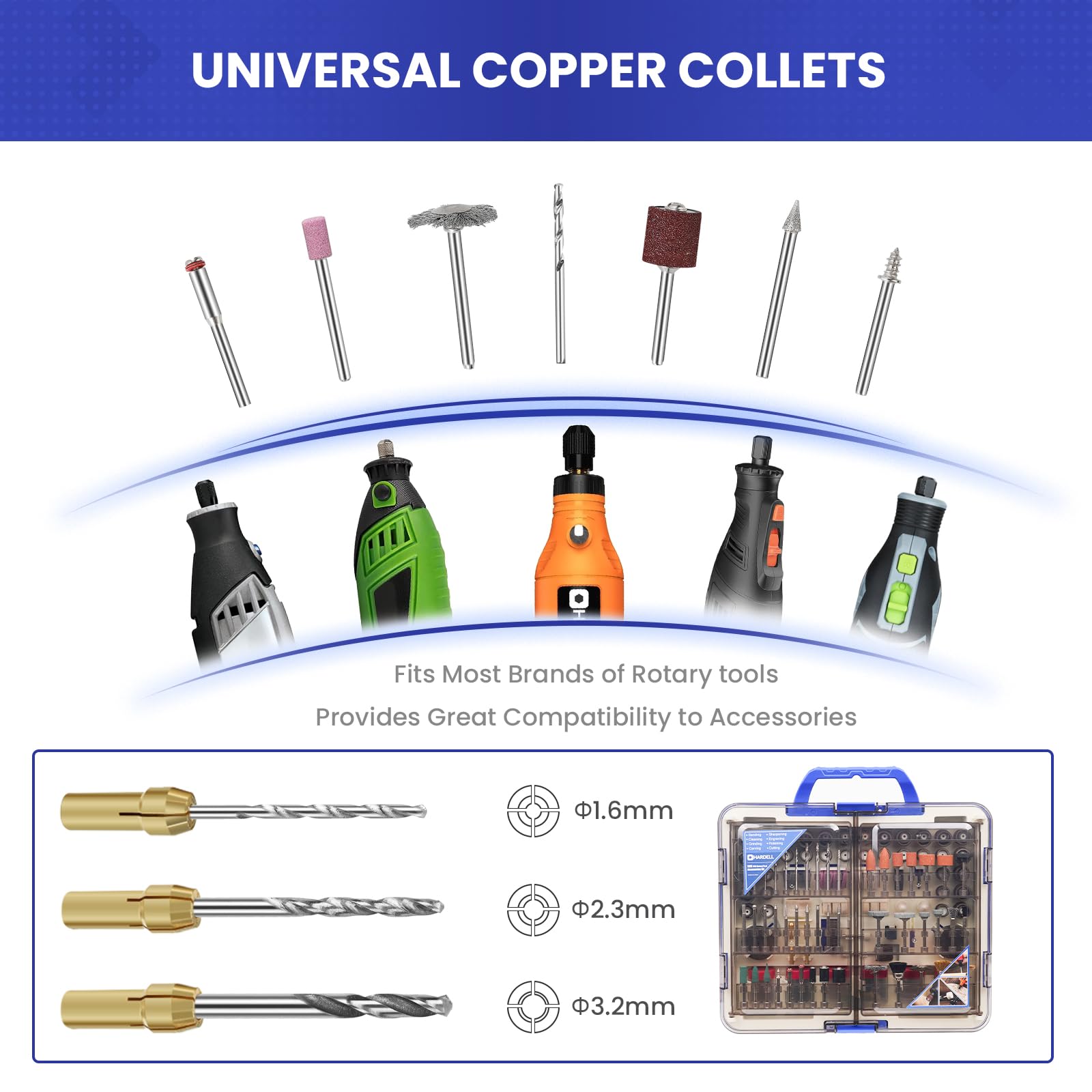 HARDELL Kit 508 Piezas para Herramienta Rotativa, compatible Dremel. Accesorios 1/8" (3.2mm) para lijar, taladrar, pulir, tallar y grabar. ¡Multiusos y completo!