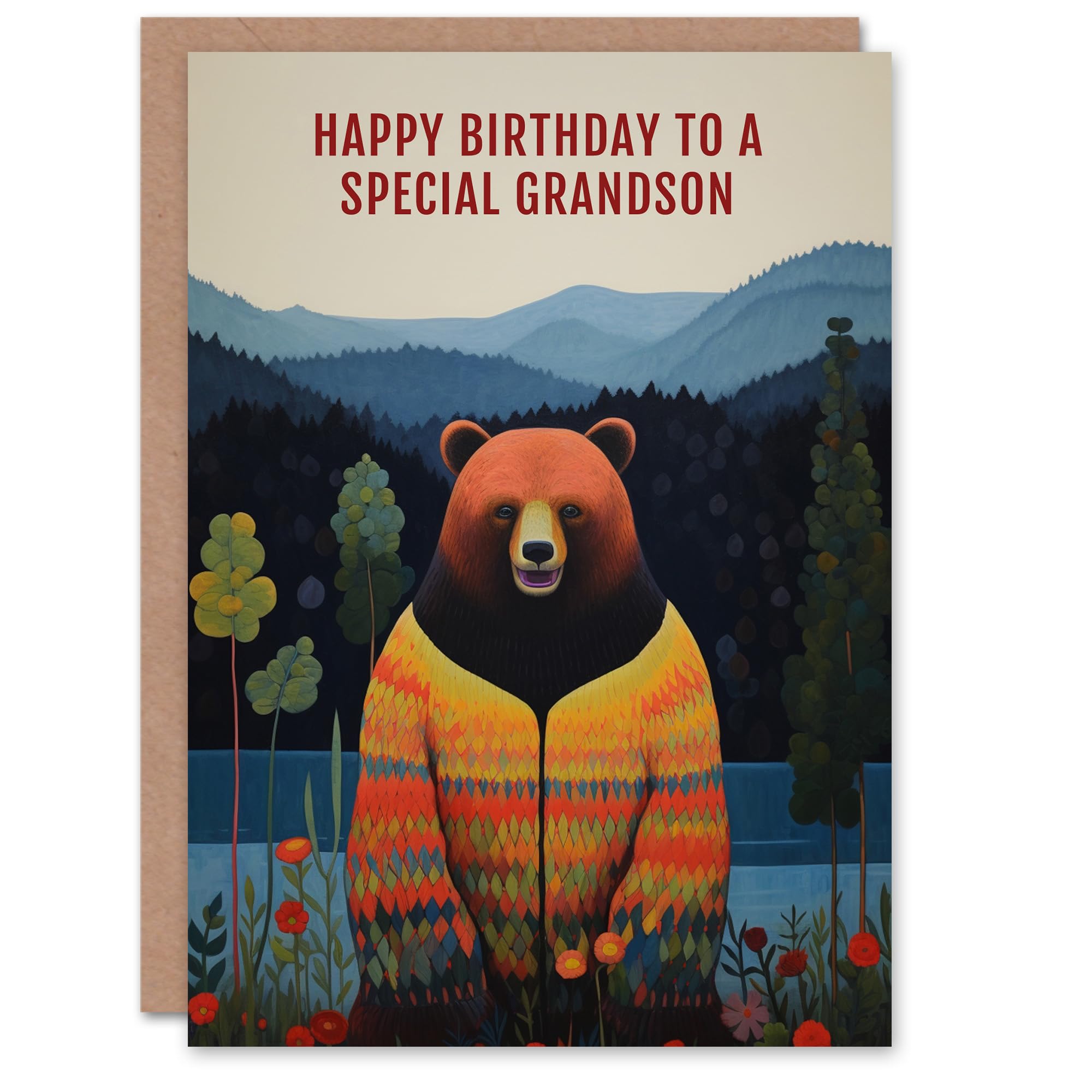 Artery8 Happy Birthday Card to a Special Grandson Happy Hipster Hippie Bear Hippy Cardigan