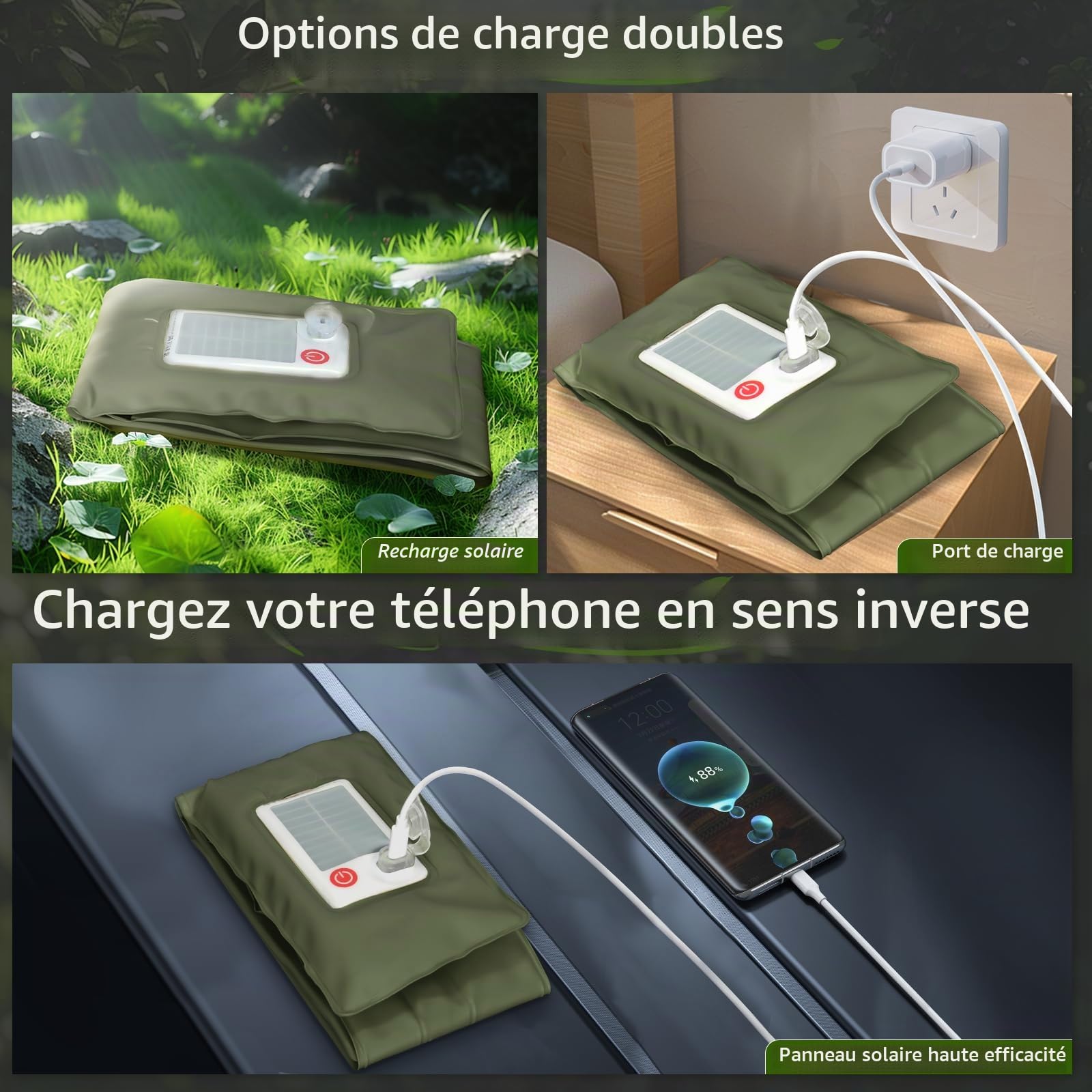 Lampes de Camping Gonflables Solaires 33.86IN/86CM Lampe Télescopique Pliable Outask, Lumière LED Extérieure Portable 2000mAh IP66 Étanche avec Lumière Blanche pour Camping, Randonnée - Vert