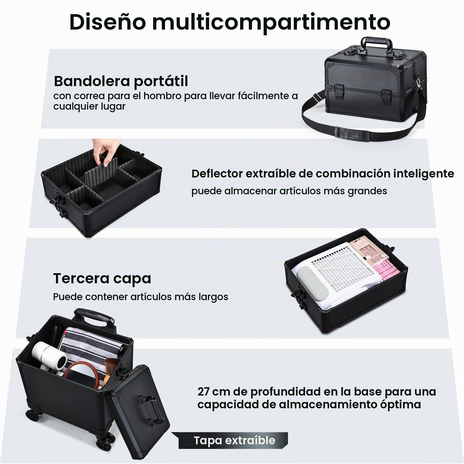 Maleta de Maquillaje con Ruedas - Maletín Belleza 5 en 1 con Cerradura y Mango Telescópico - Estuche para Manicura, Peluquería, Tatuaje - Organizador Profesional, Negro