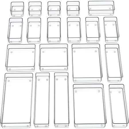 SMARTAKE 20-Piece Drawer Organizer with Non-Slip Silicone Pads, 7-Size Desk Drawer Organizer Trays Storage Tray for Makeup, Jewelries, Utensils in Bedroom Dresser, Office and Kitchen (Clear)