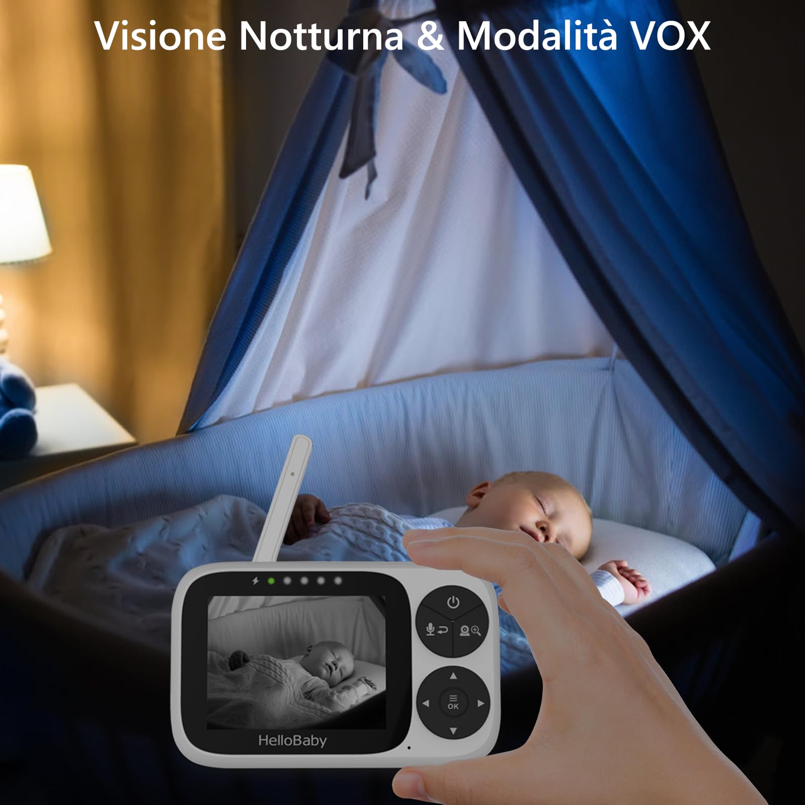 HelloBaby Baby Monitor Video e Audio telecamera bambini con monitor | Schermo IPS da 3,2", Senza WiFi, Visione Notturna, Pan-Tilt-Zoom, Allarme Ninna Nanna e Portata di 1000 Piedi