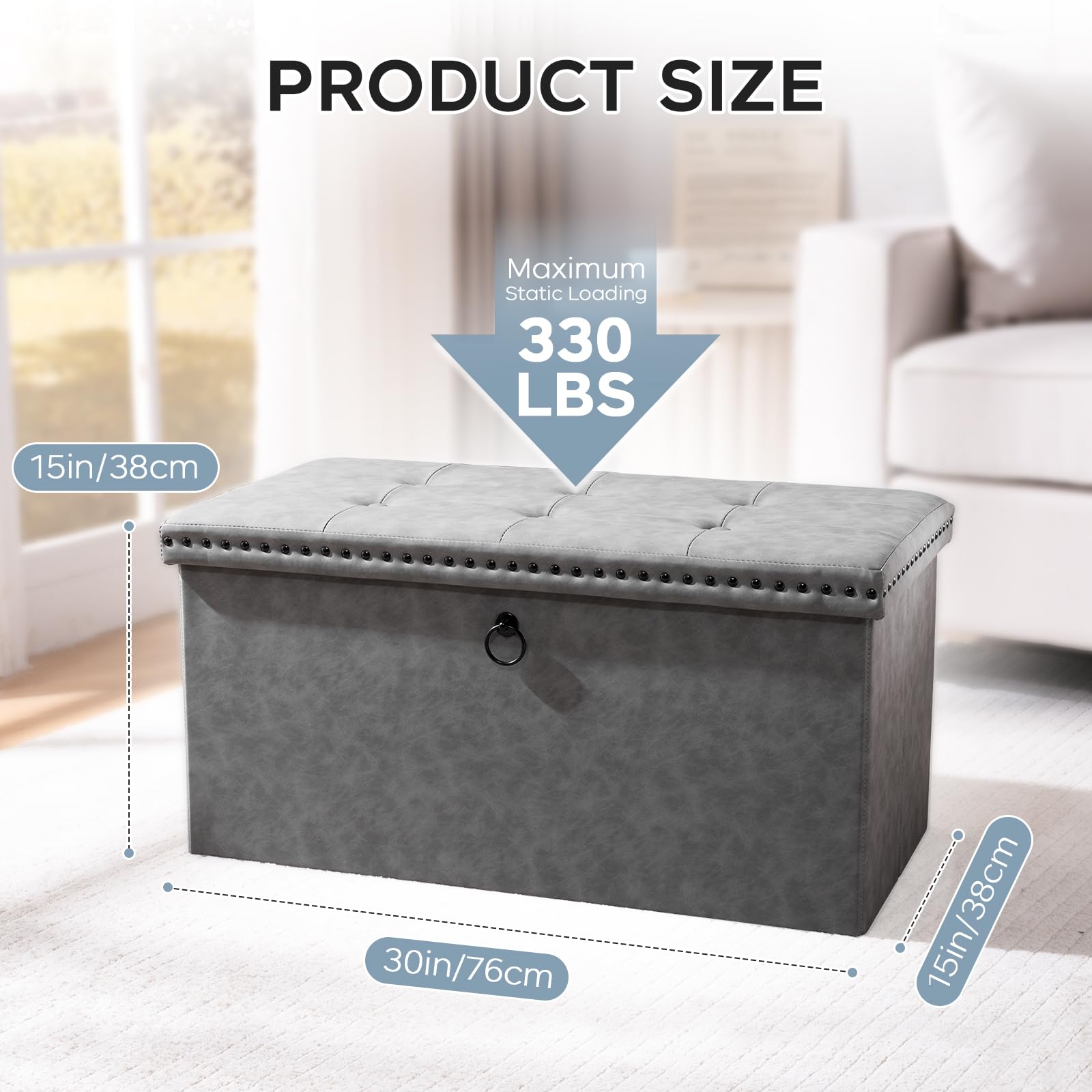oakvivo Small 16 x 12 x12 Inches Folding Storage Ottoman, Faux Leather Foot Rest Stool with Rivet Design, Ottoman with Storage Vanity Stool Coffee Table for Living Room, Bedroom, Load 242 lbs, Green: Grey 15"D x 30"W x 15"H