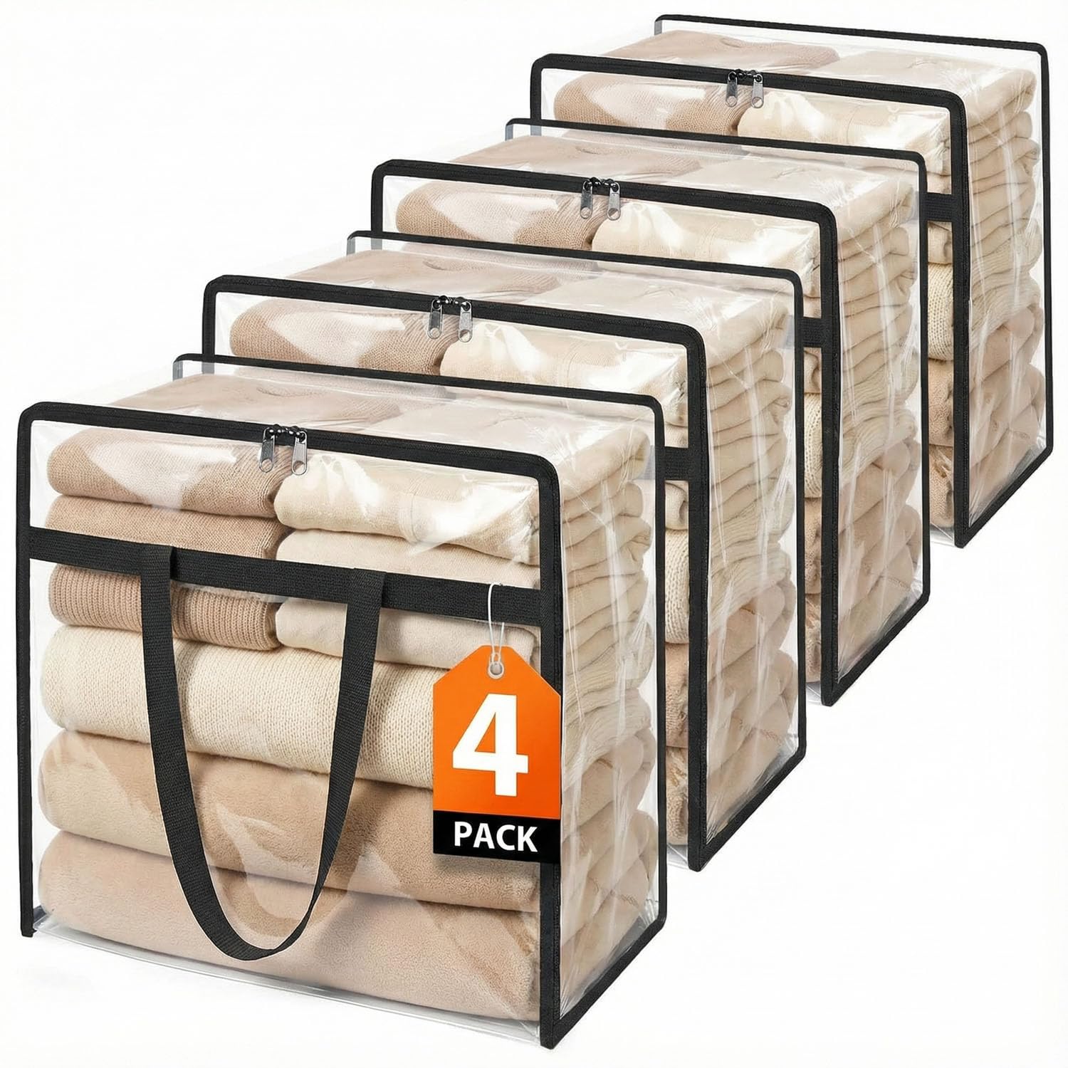 Homevc 4 Pack Clear Clothes Storage Bags, 40L Plastic Blanket Storage Bag With Zipper, Foldable Closet Organizer, Moving Bags For Comforter, Blanket, Bedding, Duvet, Toys