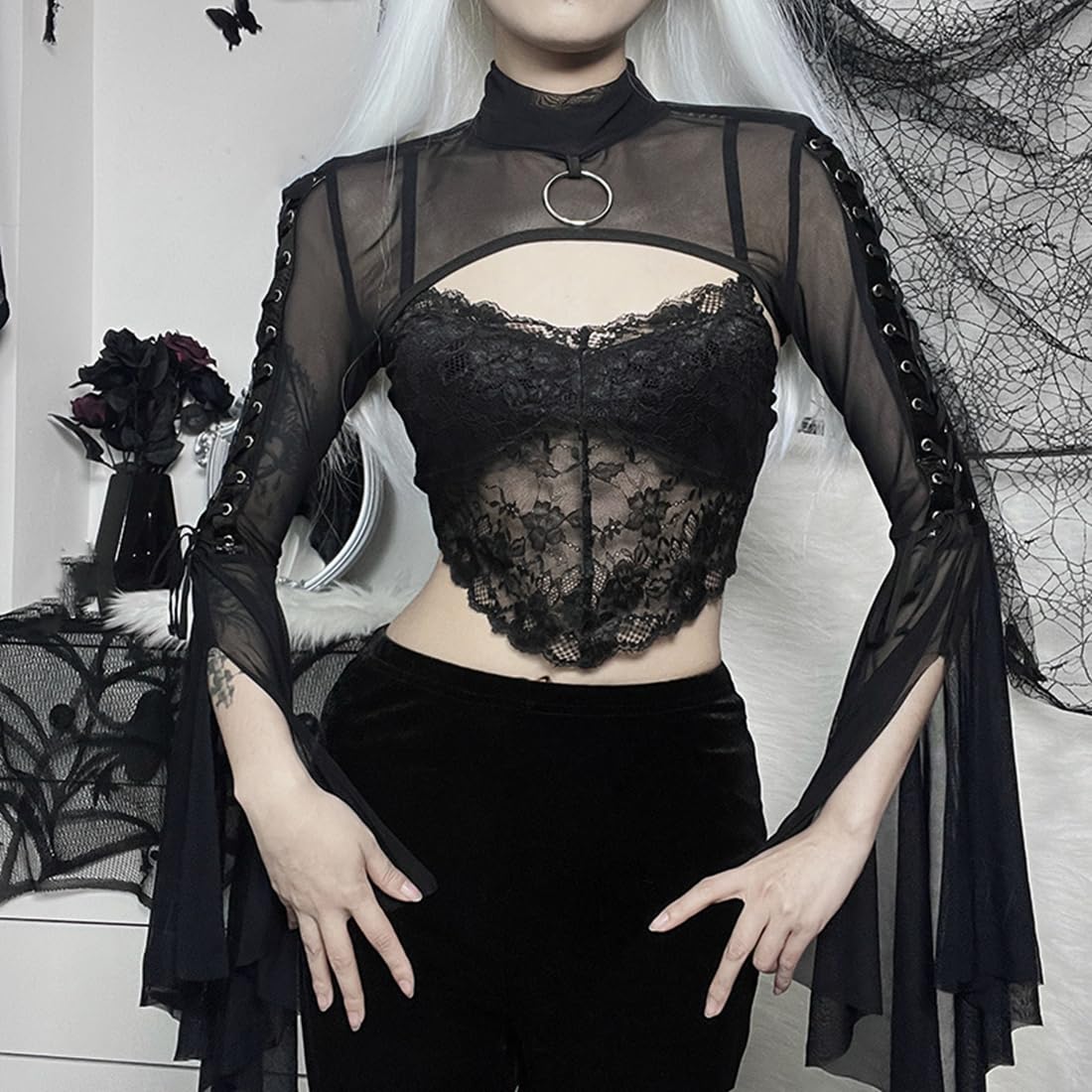 Crop Tops Gothic Punk Fishnet Cover Up Bell Sleeve Shawl Mesh Bolero Shrug Cardigan