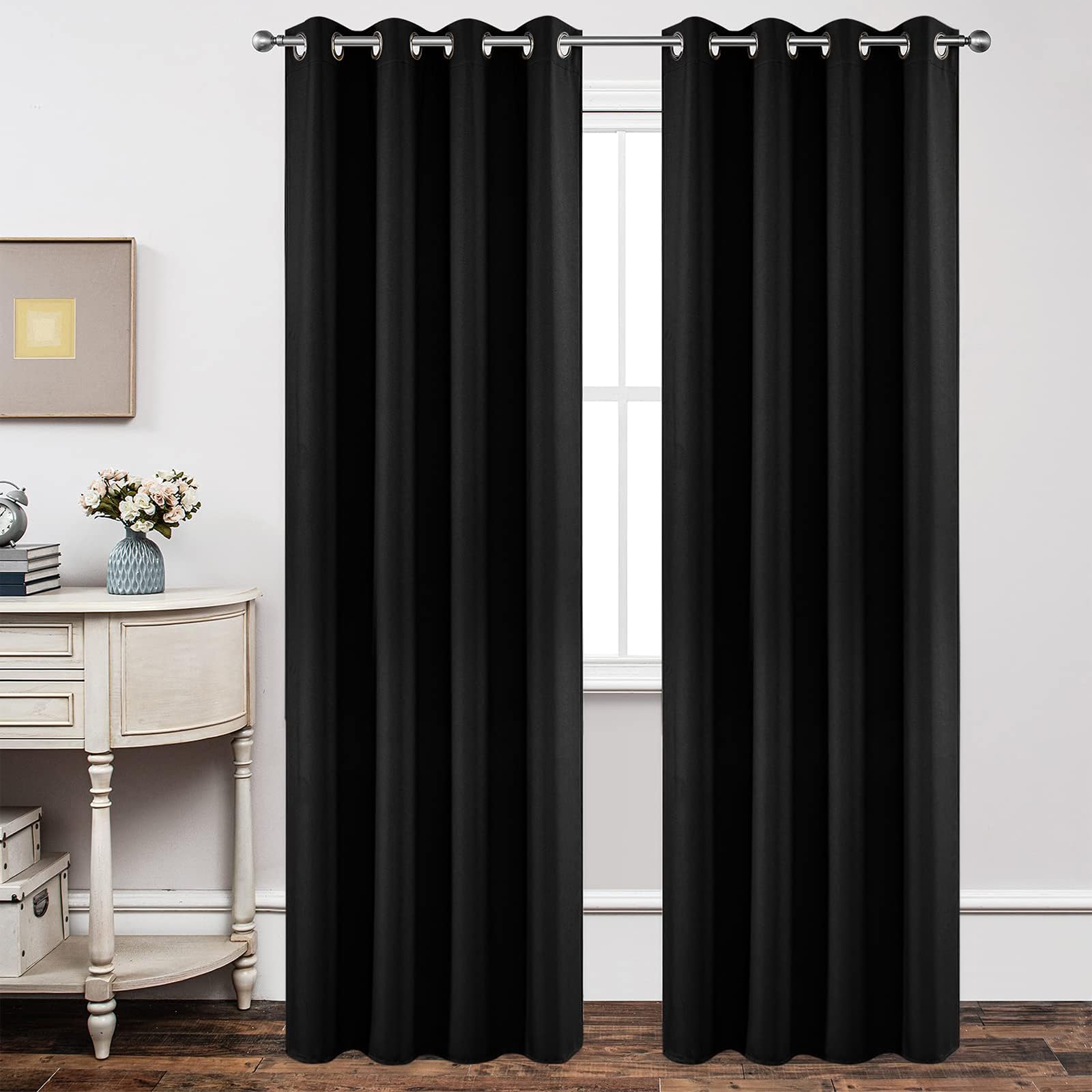 Joydeco Cortinas Opacas 2 Piezas 140 x 245 cm, Cortinas Dormitorio con Ojales Negro Anti Luz Cortina Termica Aislantes Frio y Calor para Salon Curtains Blackout