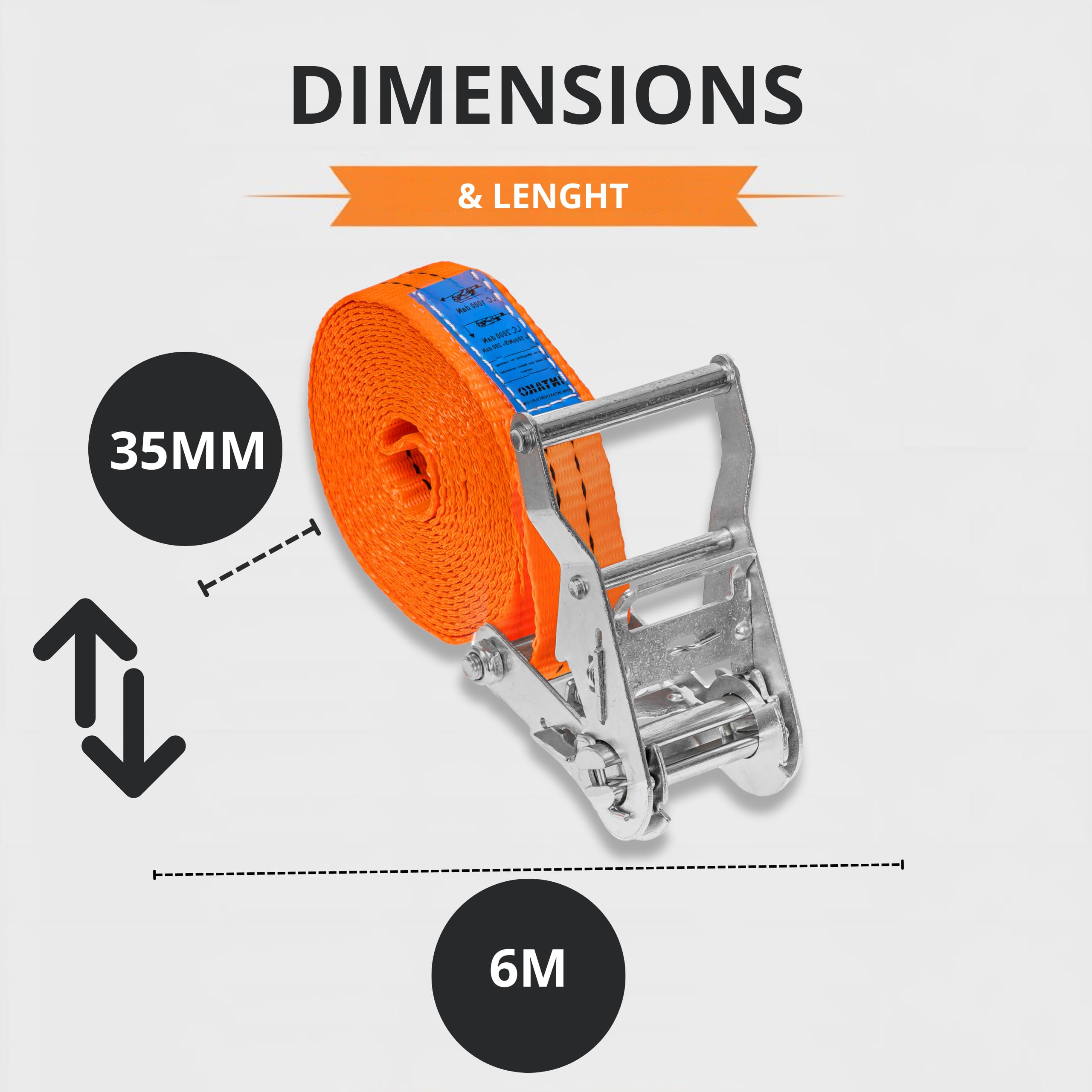 INTAKO Sangle à Cliquet 6m 35mm - Sangles d'arrimage avec Crochet de Sécurité 2000 kg - Sangle d'Arrimage avec Tendeur (Orange, 6m (Lot de 2))