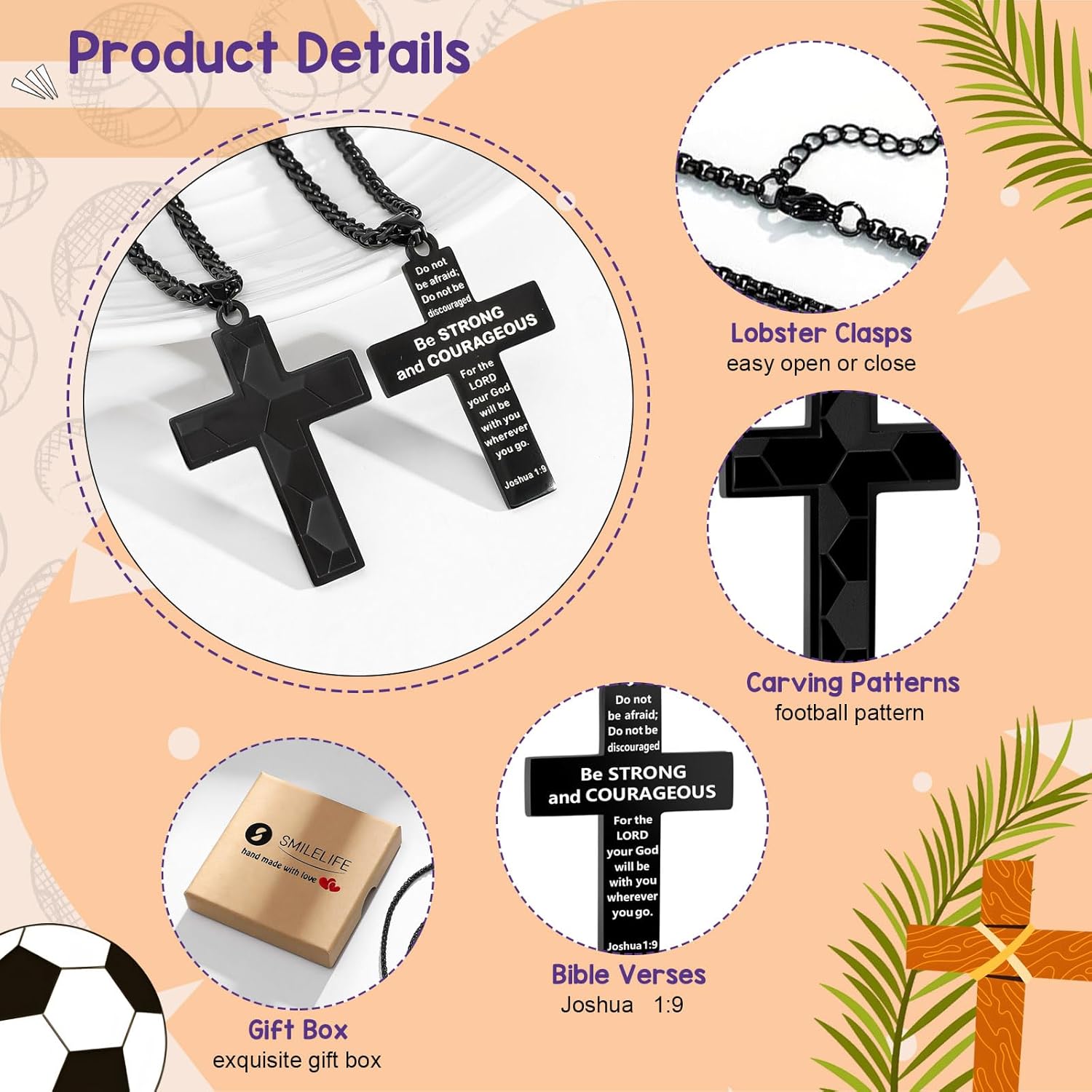 Soccer Baseball Basketball Football Cross Necklace for Boys Men, Inspirational Bible Verse Cross Pendant Black Stainless Steel Chain Chain 22+2 inch Religious Sports Jewelry Gift - Image 3