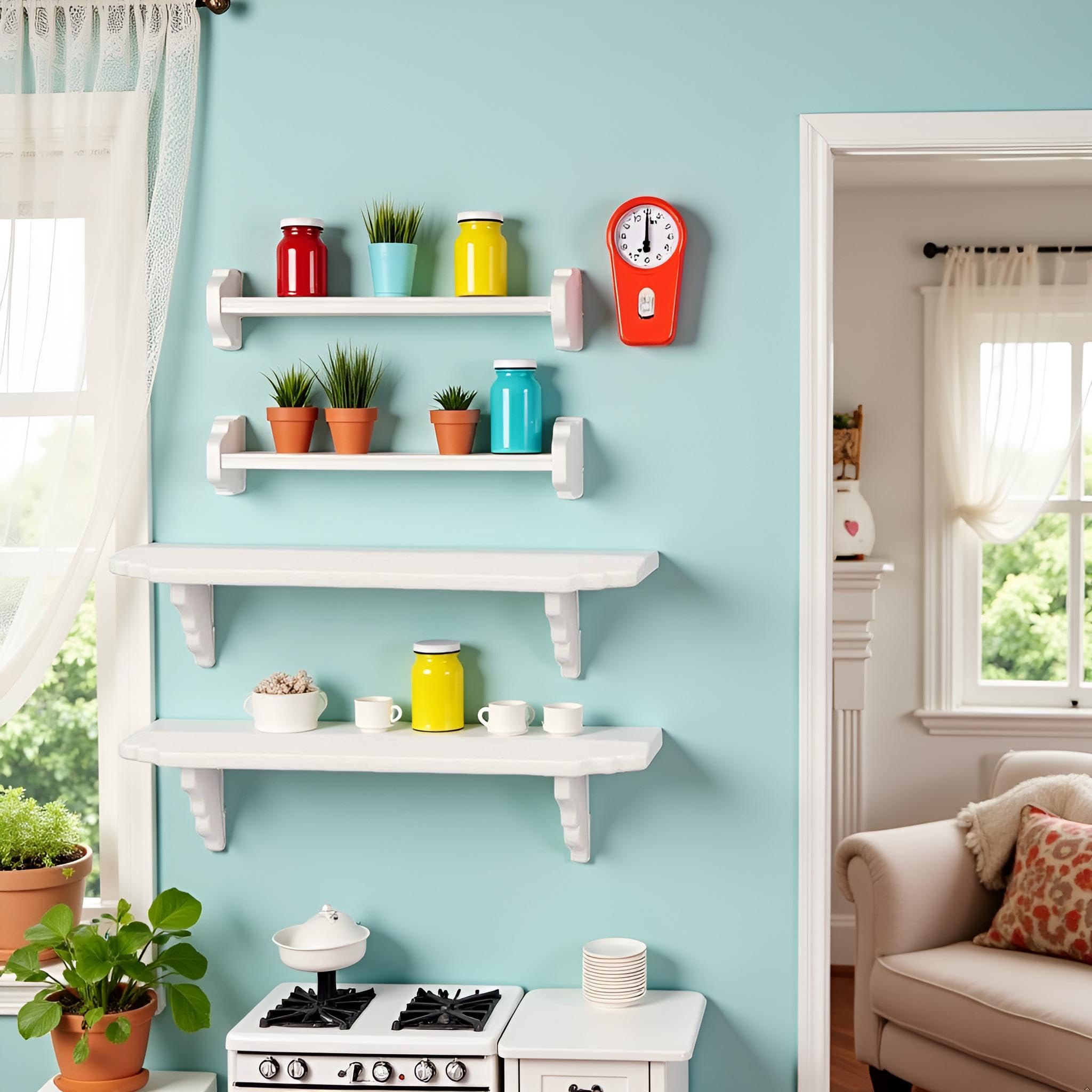 2 estantes de pared blancos para casa de muñecas, estante de almacenamiento en miniatura a escala 1:12 para accesorios de decoración de escenas de cocina 3