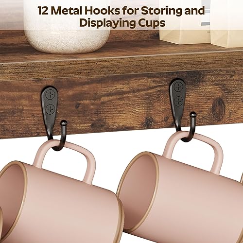 Miniatura 4 de Soporte para taza de café, estante para árbol de 3 niveles, para colgar 12 tazas, con estante superior, para cocina, comedor, sala de estar,