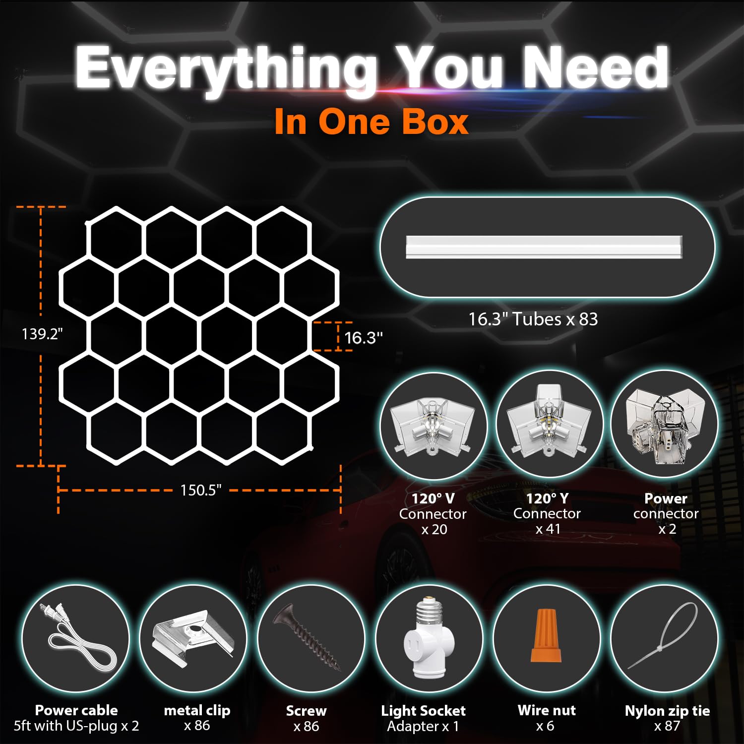 Litezone Hexagon Garage Lights : 3 Level Dimmable 581W Tube 22