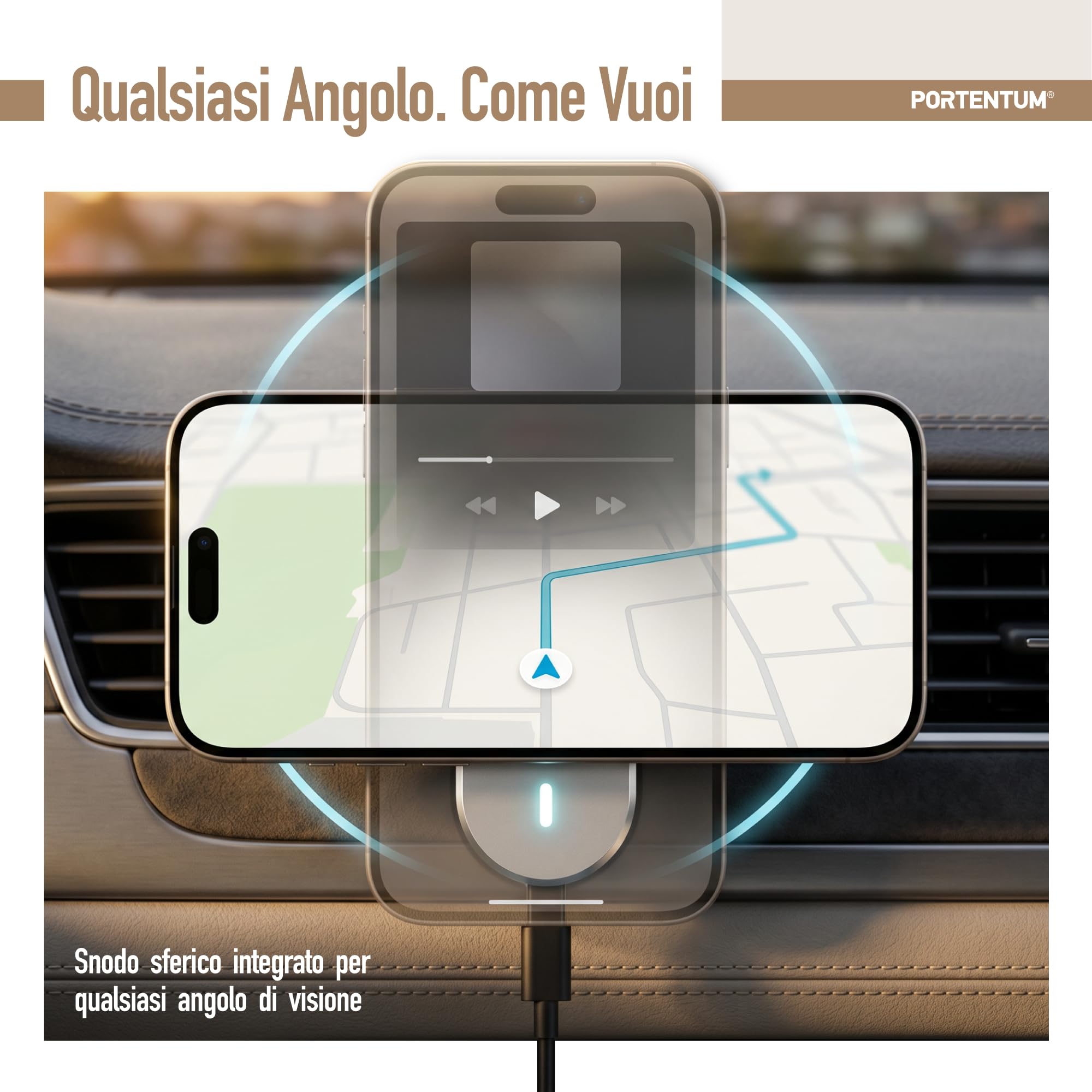 PORTENTUM Caricatore wireless auto Qi2.2 25W certificato nel 2026 – Raffreddamento attivo – Potenti magneti N52 – Supporto telefono auto con cavo USB-C 60W – Compatibile con MagSafe, iPhone e Qi