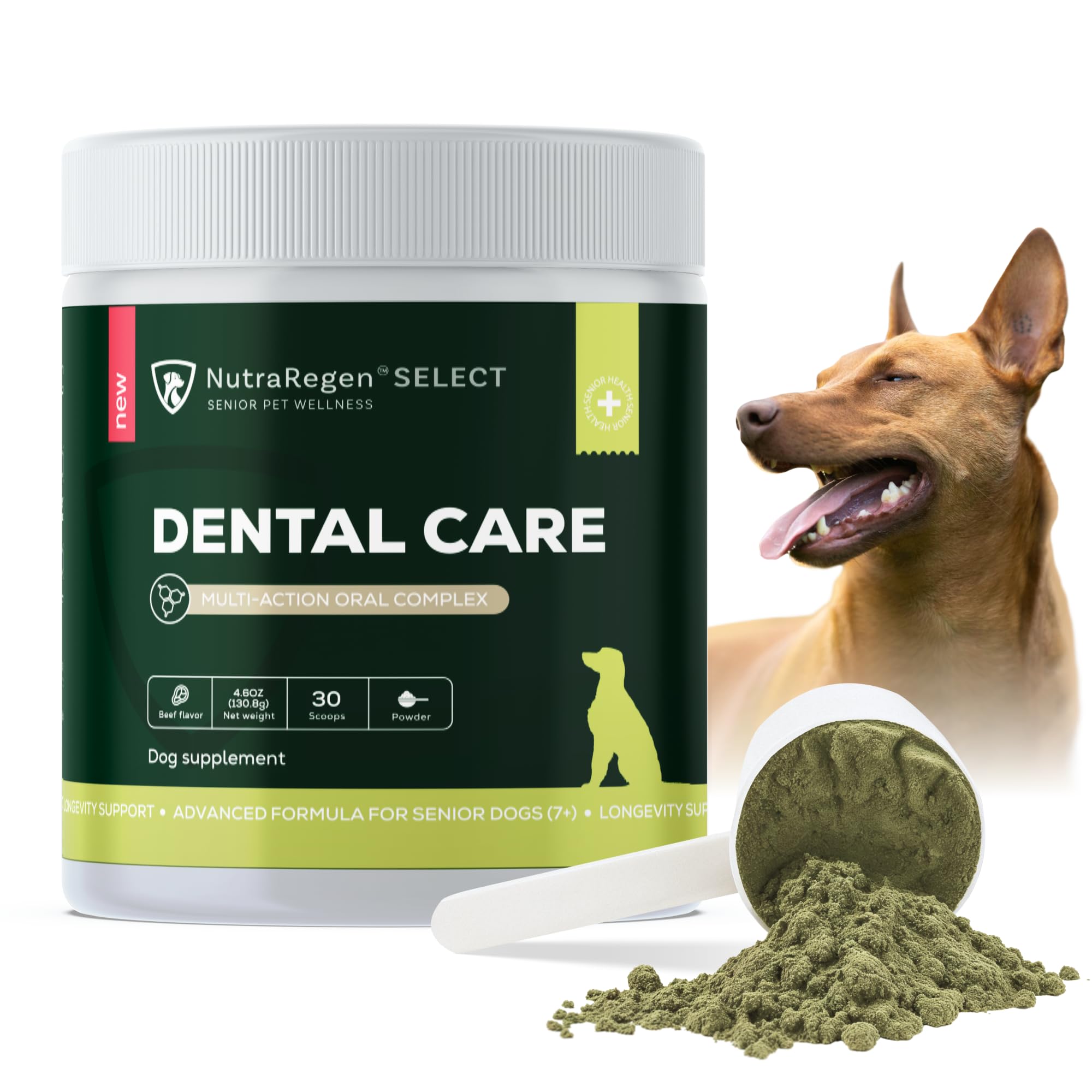 Nutraregen Select Senior Dog Dental Powder 30 Scoops | Beef Flavored Dog Breath Freshener for Oral & Gum Health | Pet Dental Powder Helps Manage Plaque & Tartar Buildup and Chewing Issues | 4.6 Oz