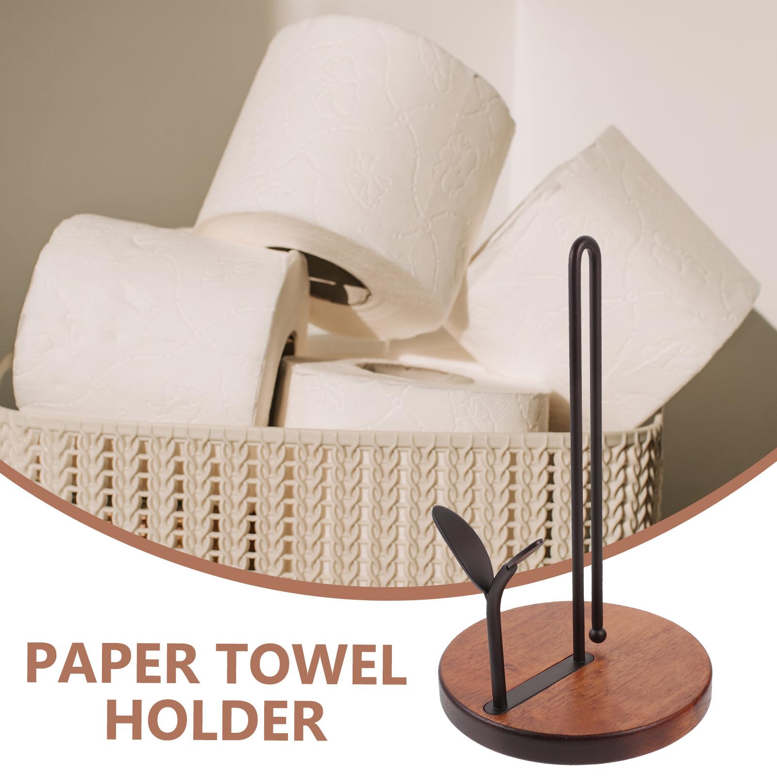 Portarrollos de Papel de Cocina Vertical Base de Madera y Estructura de Hierro, Diseño Moderno y Compacto para Almacenamiento y Dispensador en Hogar y Restaurantes