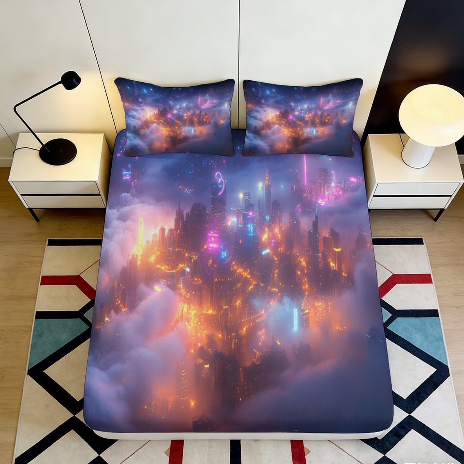 3D Printed Fantasy Night Fitted Sheet Microfiber Deep Pocket Non-Slip Fantasy Night Mattress Fitted Cover Bedding for Adults Teens 90x200x25cm