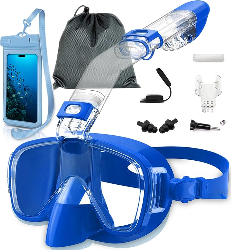 Dry-Top Nasal Breathing Snorkeling Mask Set with Camera Mount & Phone Pouch Ergonomic Seal for Scuba Diving Freediving Swimming