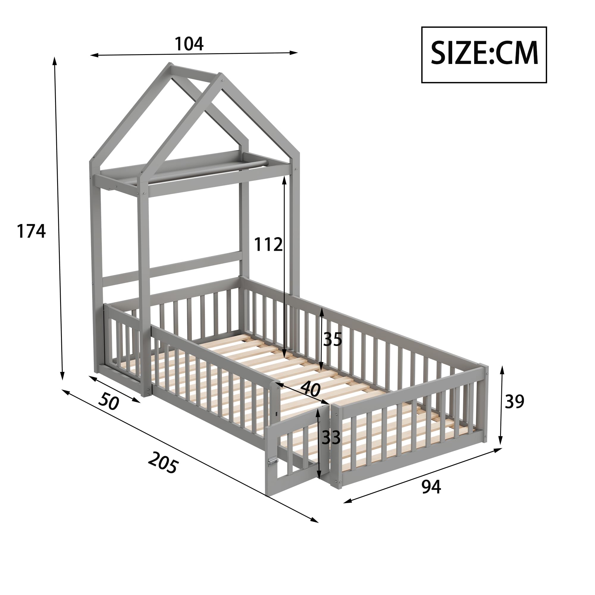 Merax Kinderbett 90x200 cm, Bodenbett mit Rausfallschutz, Hausbett mit Stauraum und Lattenrost, für Jungen & Mädchen, Grau (Ohne Matratze)
