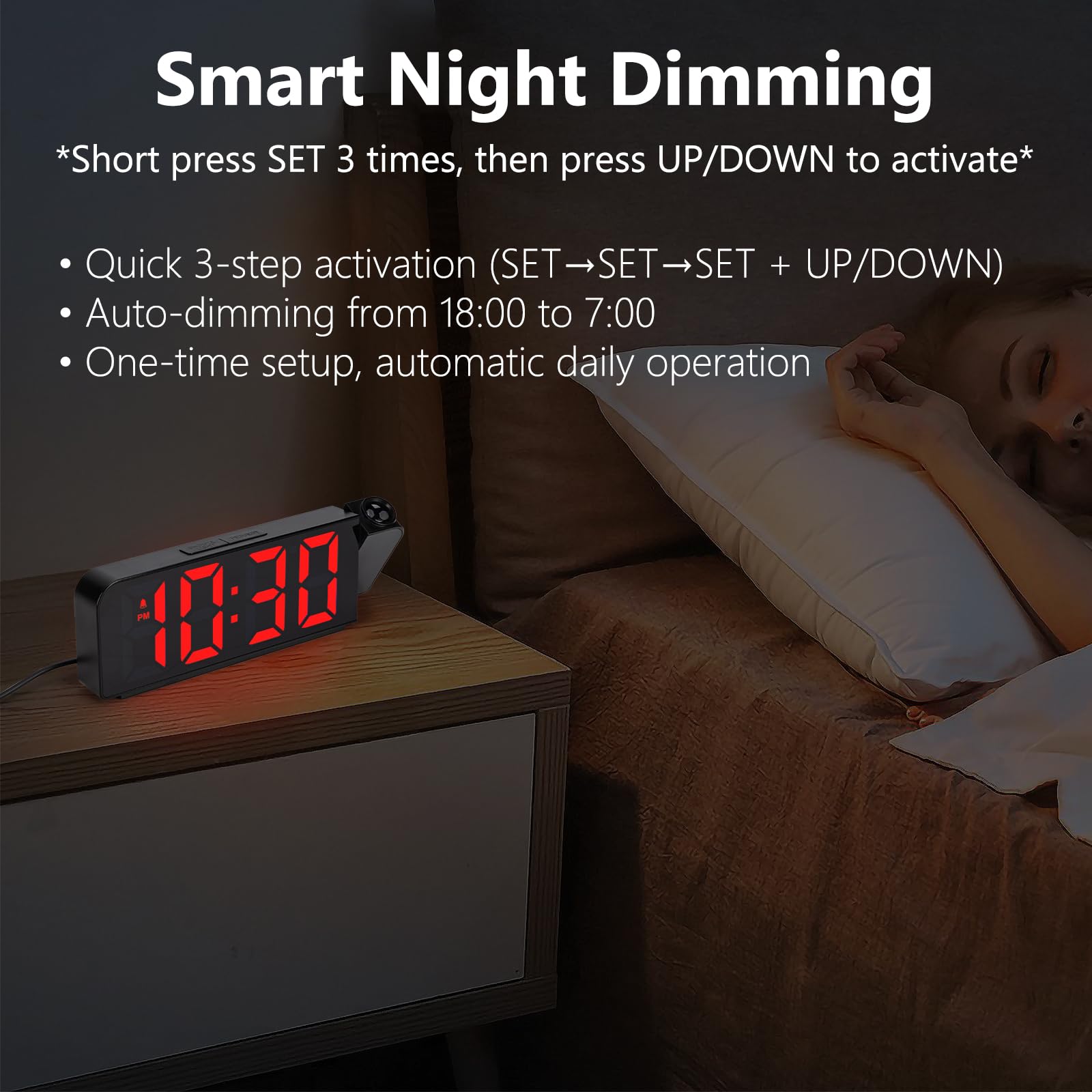 VIVILINEN Wecker mit Projektion Digitaler Projektionswecker mit 180° Drehbarem Deckenprojektor, Temperatur & Datum, RGB-Farbdisplay, 4 Helligkeitsstufen, Nachtmodus – Ideal für Schlafzimmer