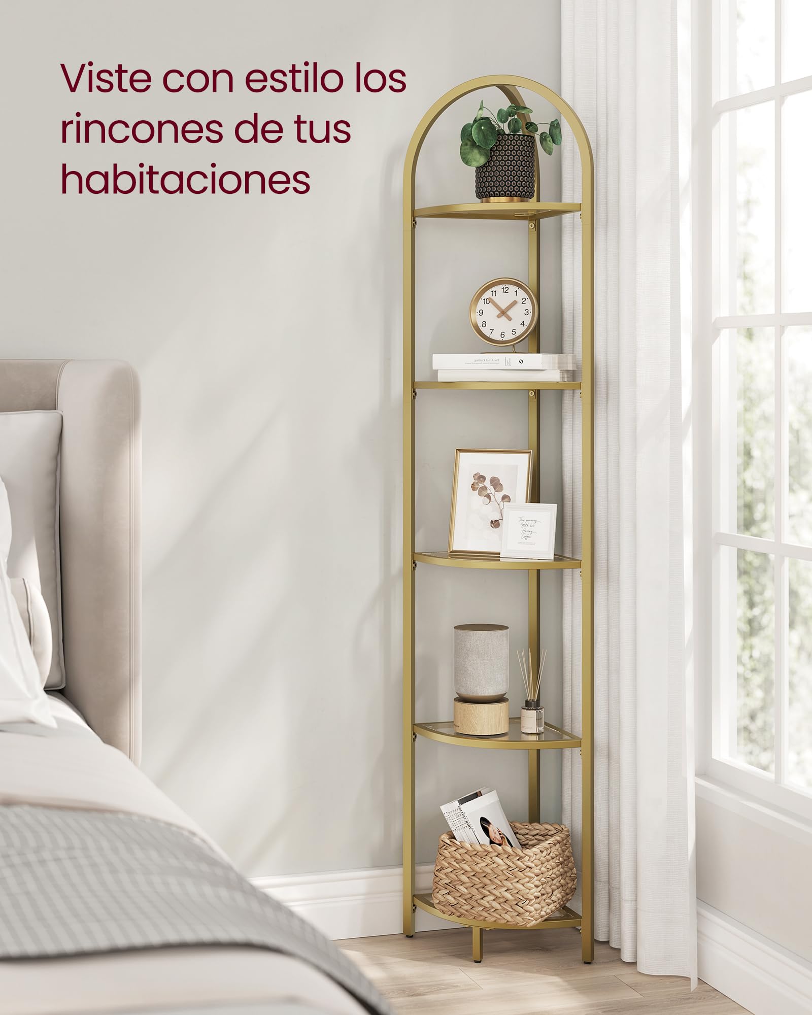 VASAGLE Estantería Esquinera de 5 Niveles, Librería, Soporte para Plantas, Estantería para Baño, Vidrio Templado, Marco de Metal, Estilo Moderno, para Salón, Cocina, Dorado Metálico LGT810A01