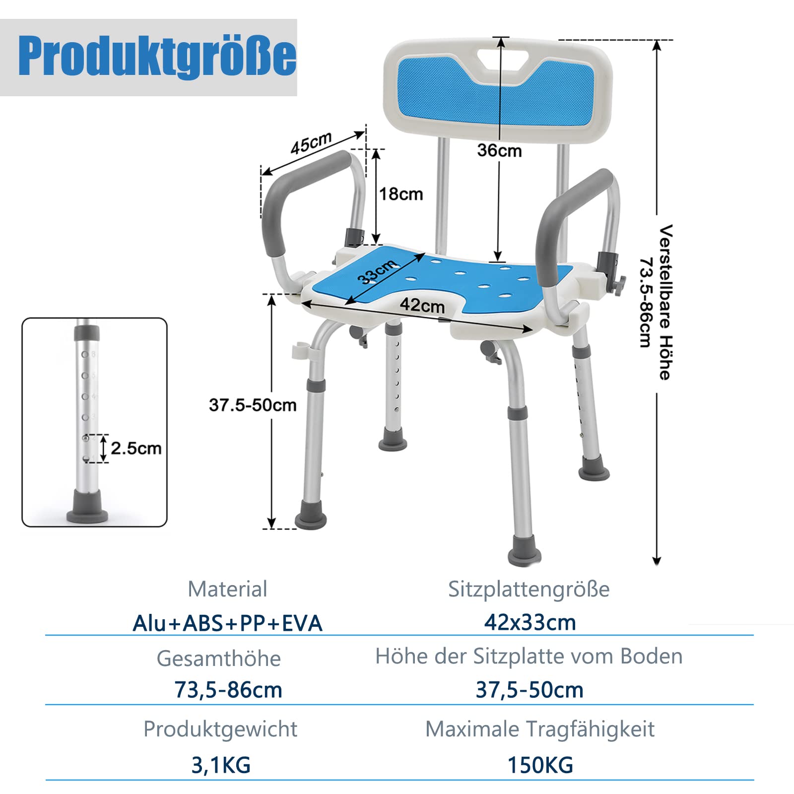 XMTECH Krzesło prysznicowe z regulacją wysokości, 6 stopni, 37,5 – 50 cm, taboret łazienkowy dla seniorów, z oparciem, podłokietnikami i poduszką siedziska z tworzywa EVA, pomoc pod prysznic, obciążenie do 150 kg