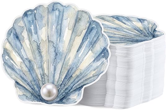 Resurhang 100 Pack Seashell Blue Place Cards with Pearl Accents Beach Wedding Name Place Cards for Table Seating Shell Shape Coastal Nautical Table Decor for Summer Sea Ocean Wedding Banquets Party