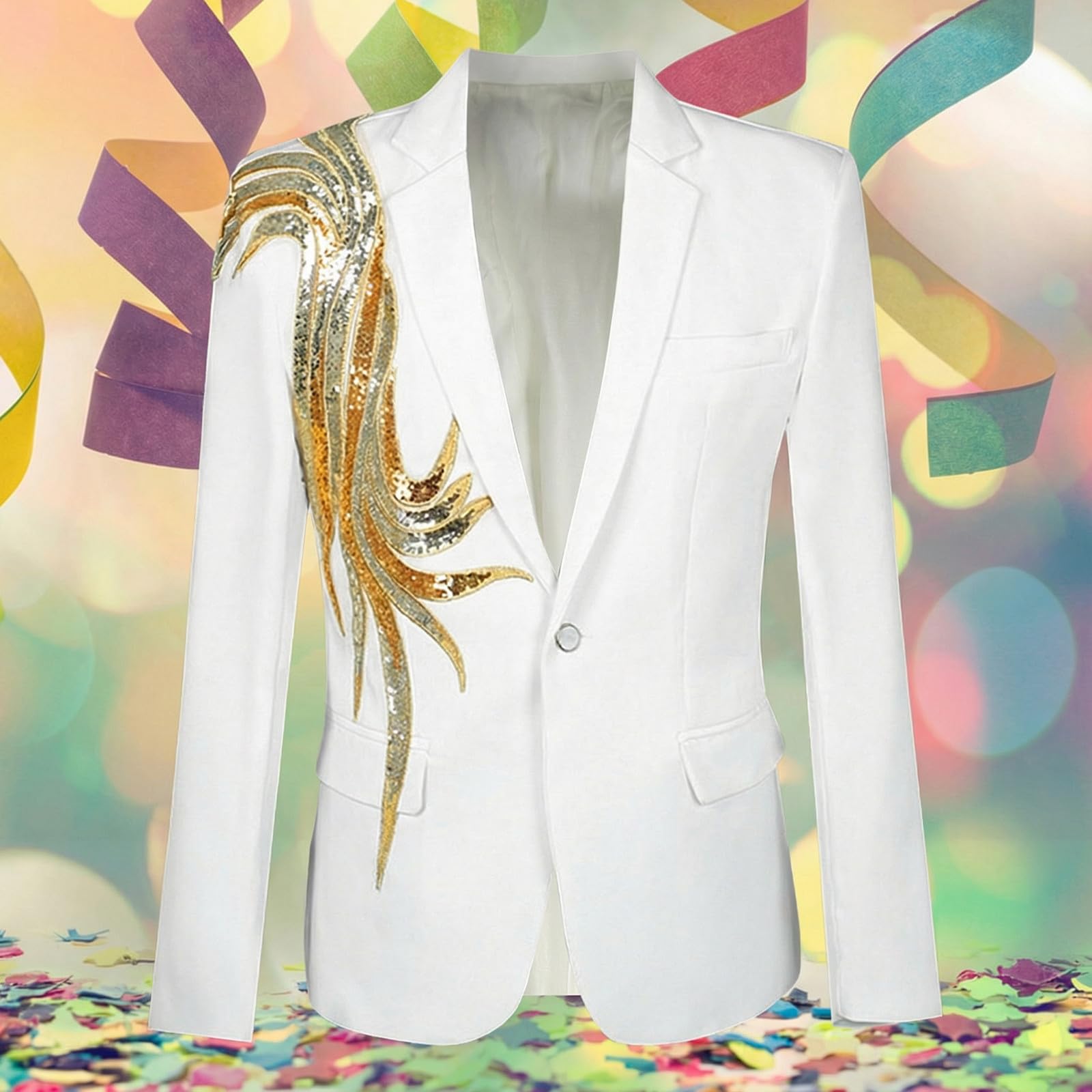 Abito con paillettes da uomo, giacca lucida, stile retrò, oro, con ricamo, blazer scintillante, slim fit, per feste, balli di fine anno