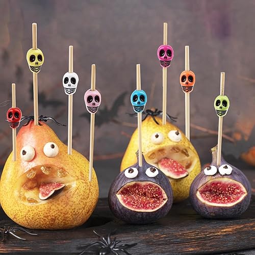 Miniatura 8 de LOMIMOS 150 piezas de Halloween esqueleto para bebida, palo de cóctel colorido con palillo de dientes de madera para cupcakes, piscina, fiesta,
