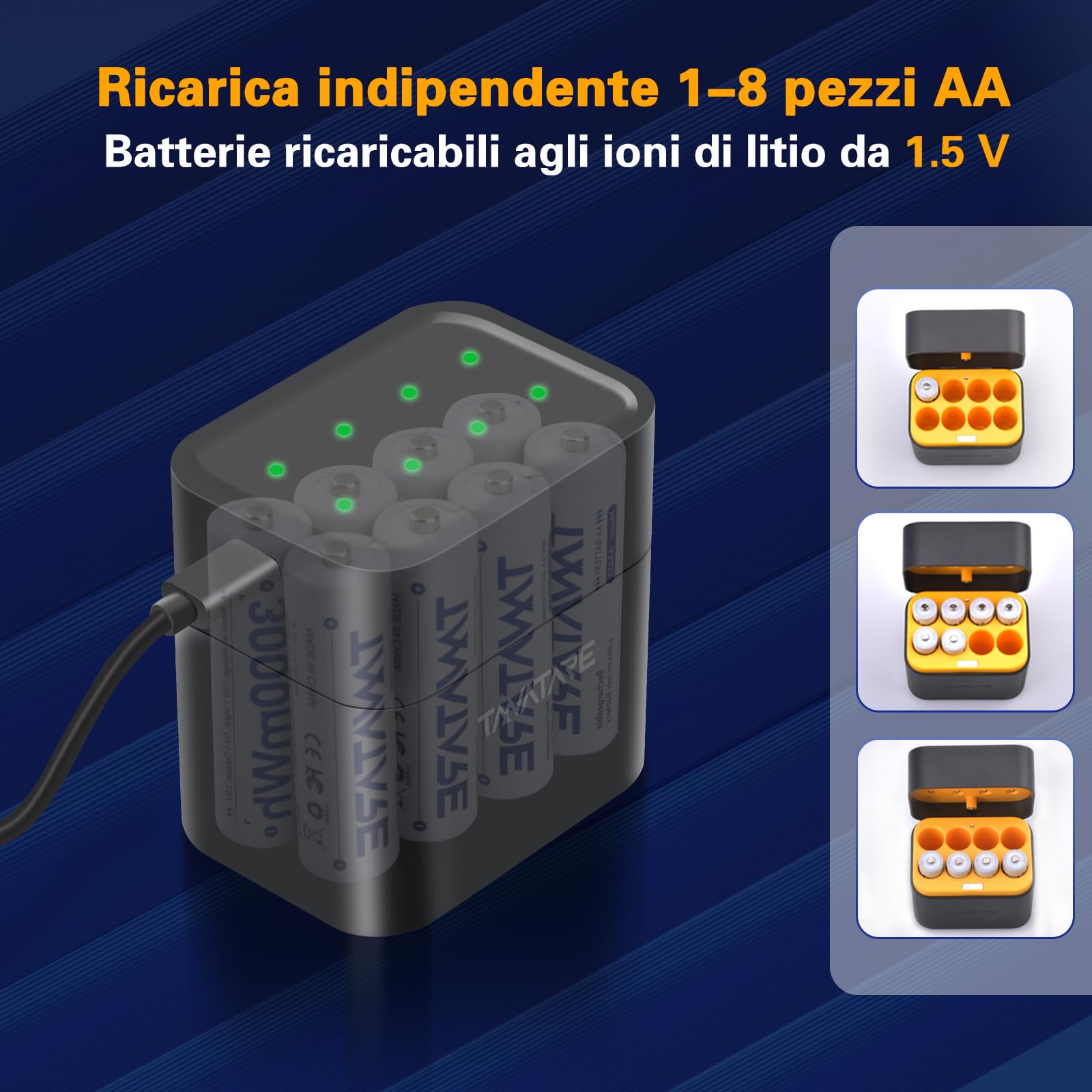 Tanatare Batterie al Litio AA Ricaricabili 8 Pack con Caricatore Veloce 1.5V 3000mWh