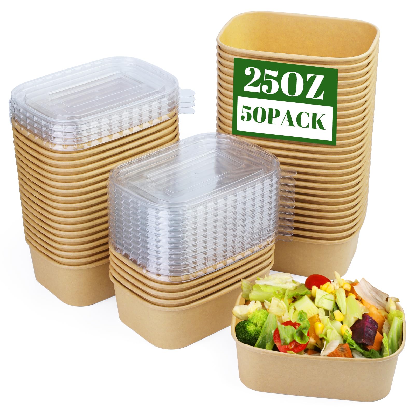 Paquete de 50 cuencos de papel de 25 onzas, recipientes desechables para alimentos con tapas, cuencos desechables rectangulares con tapas, cuencos de ensalada desechables con tapas para