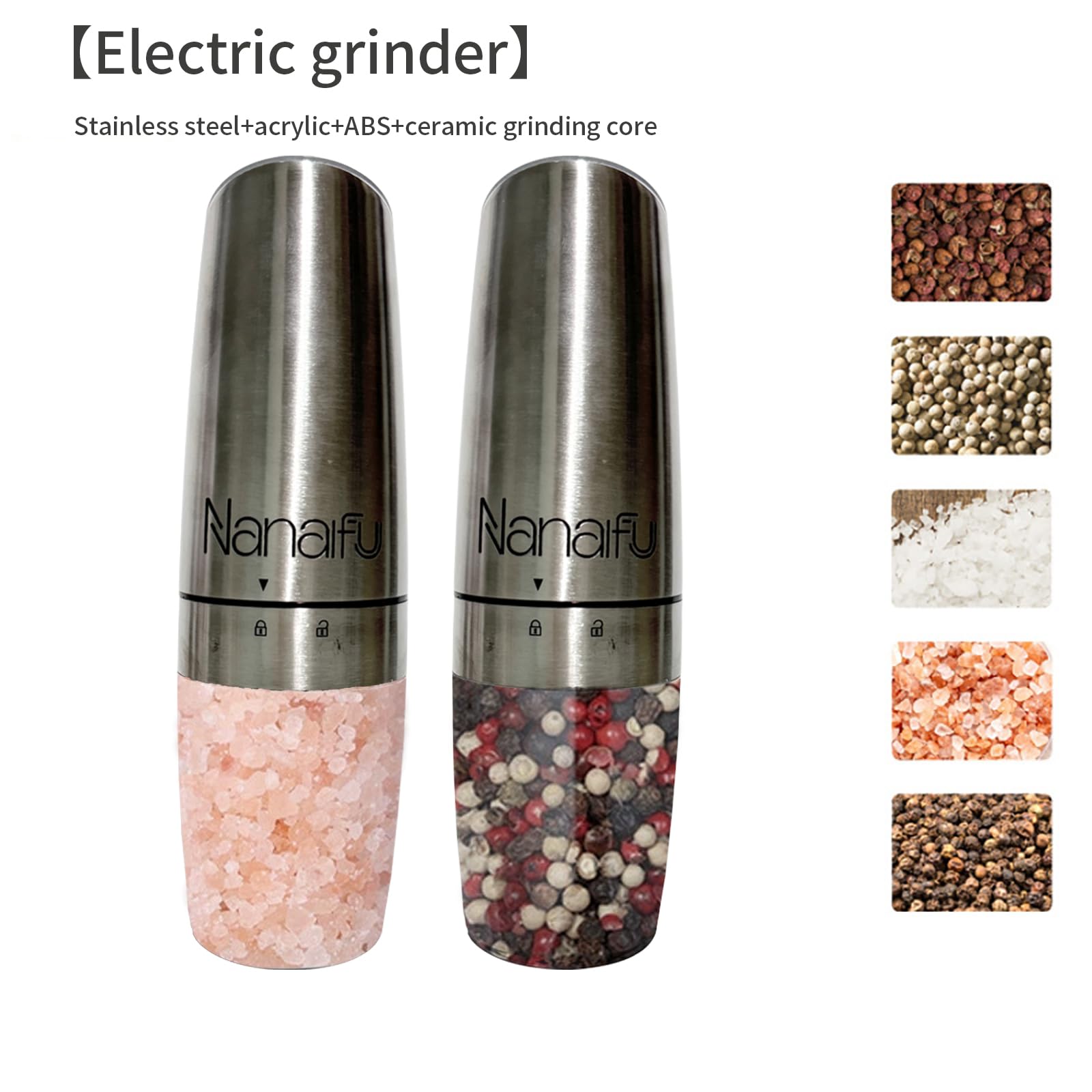 Nanafu Gravity induction electric pepper grinder set for household sea salt pepper grinder with adjustable thickness, battery powered, LED light, stainless steel silver, 2-pack