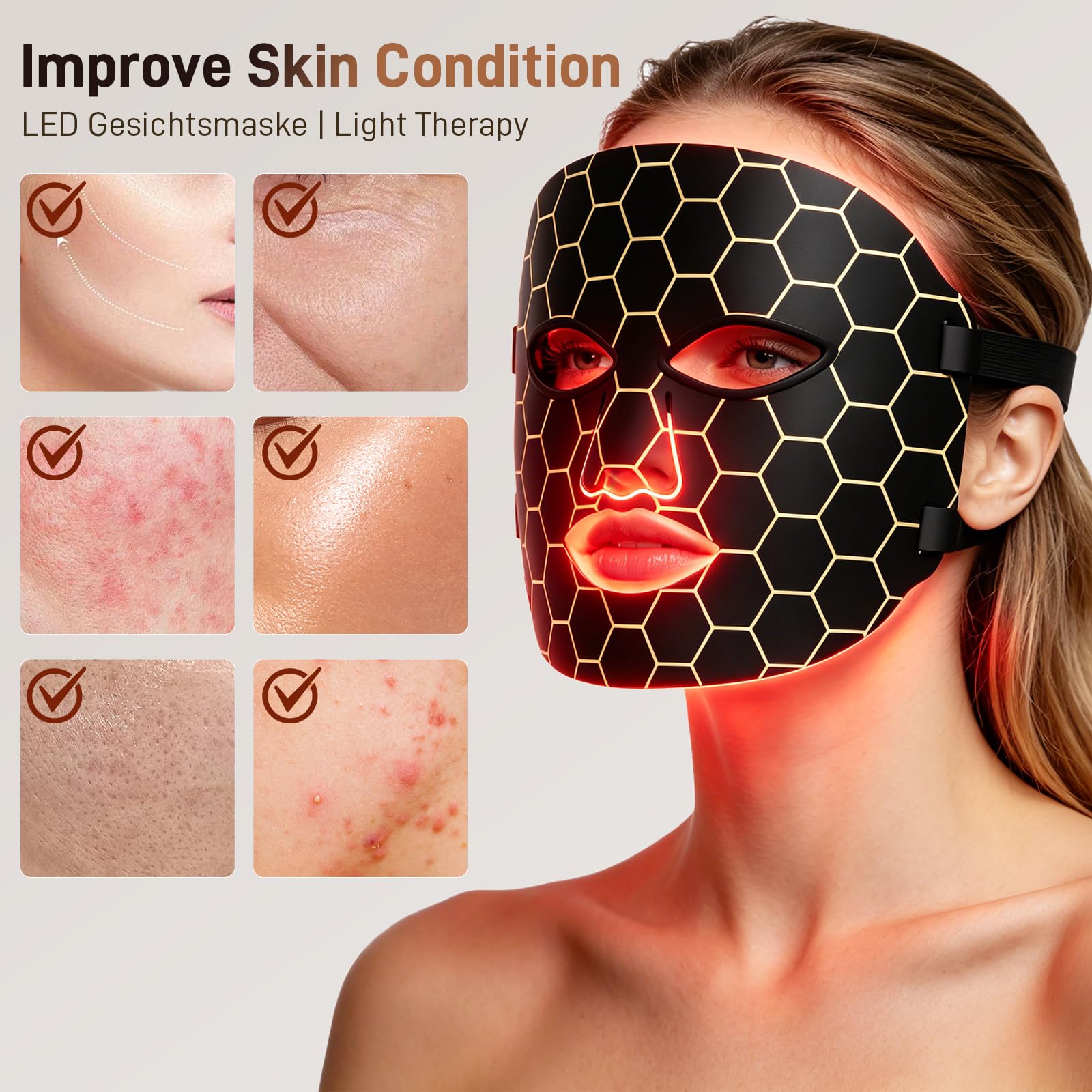 LED Gesichtsmaske 7 Farben Lichttherapie Rotlicht Maske Anti-Aging | Für Gesicht & Hautpflege, Photon Lichttherapie, flexibles Silikon Design mit Type-C Akku und 7 Lichtfarben