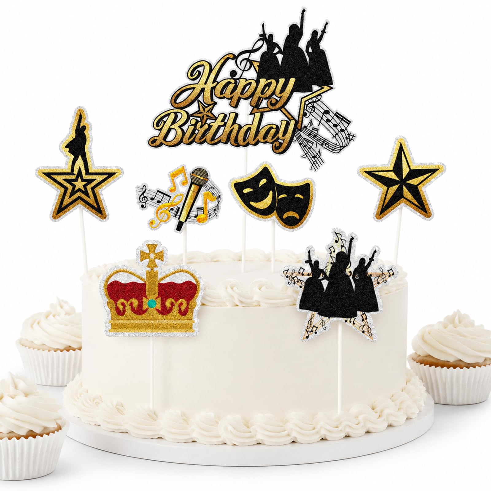 Hamilton Broadway Cake Topper Set, 7 Musical Themed Cake Picks, Alexander Hamilton Birthday Decorations for Fans, Theater Party Supplies