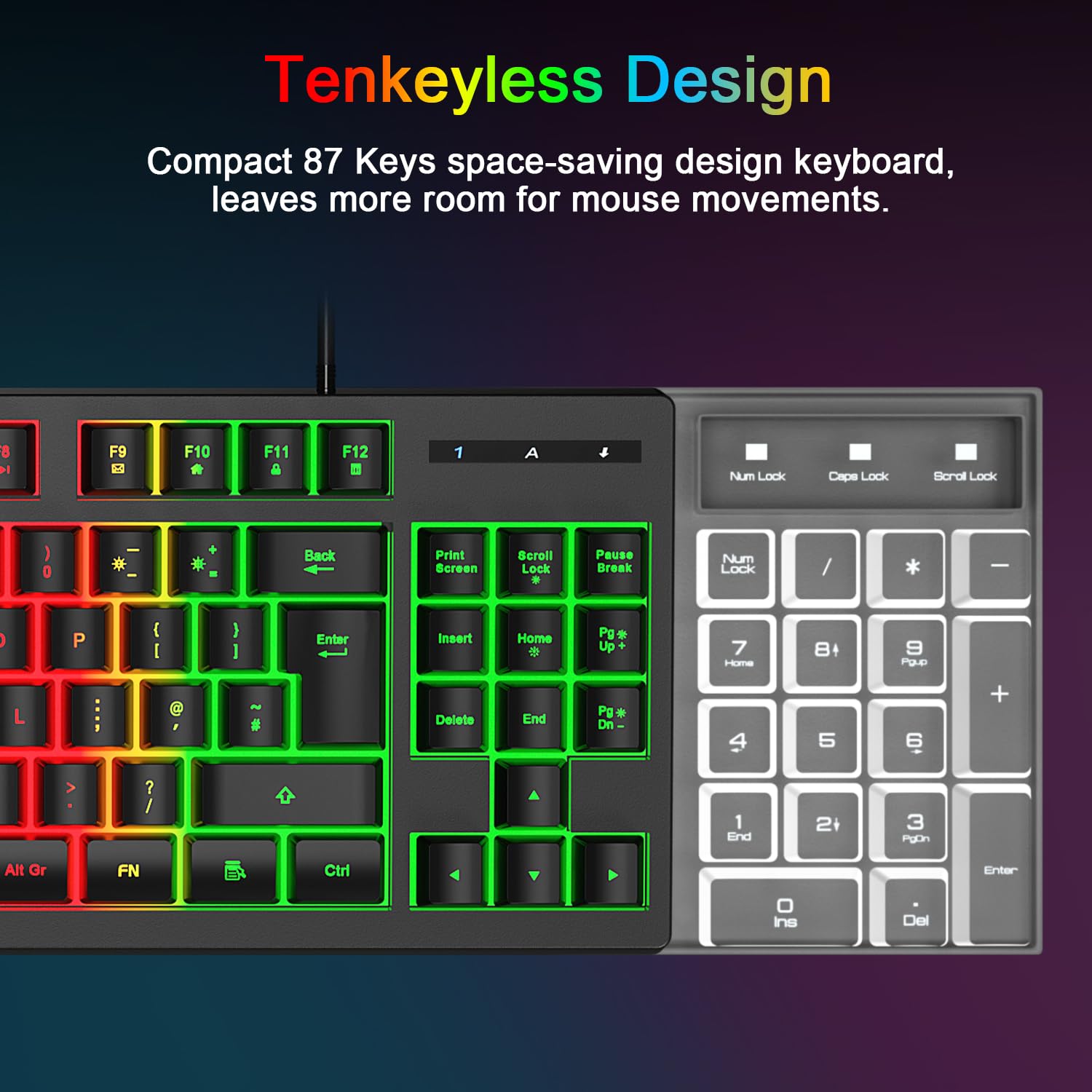 Set di tastiera e mouse da gioco, layout UK 75% TKL RGB retroilluminato, mouse ergonomico a LED a 4 colori, tappetino per mouse grande, USB Plug & Play per PC, Mac, Xbox, PS4