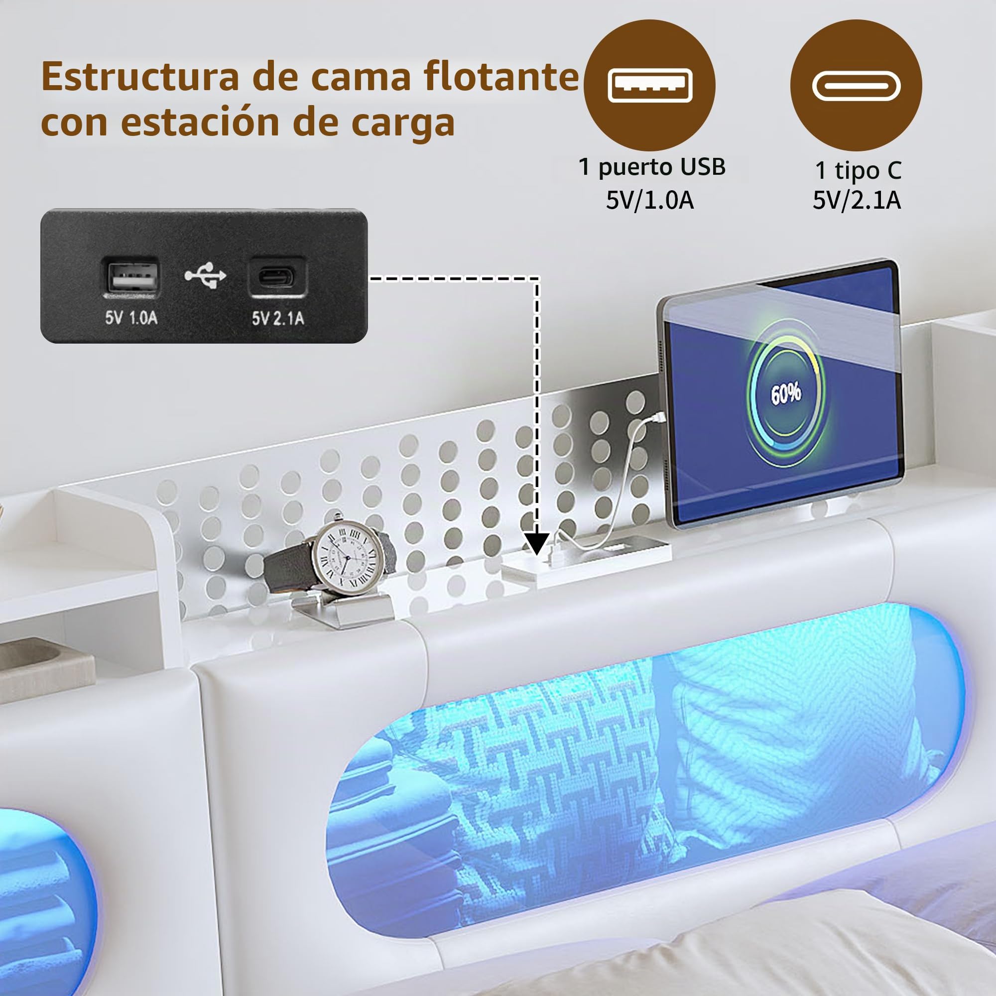 KeepGoon Cama de Matrimonio de 140 x 200 cm, de Poliuretano, con cabecero abatible, Tira de luz LED e interfaces USB y Type-C con somier de láminas y función de Almacenamiento