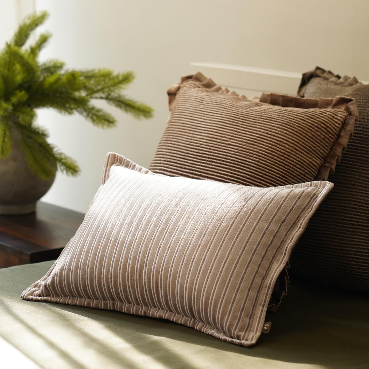 PURE HOME + LIVING Beige Stripe Embroidered Rectangle Cushion Cover, Soft Cotton Pillow Case for Sofa, Bed & Lounge, Textured Stripe Design, Durable & Stylish Decorative Accent (Pack of 1)-image-22