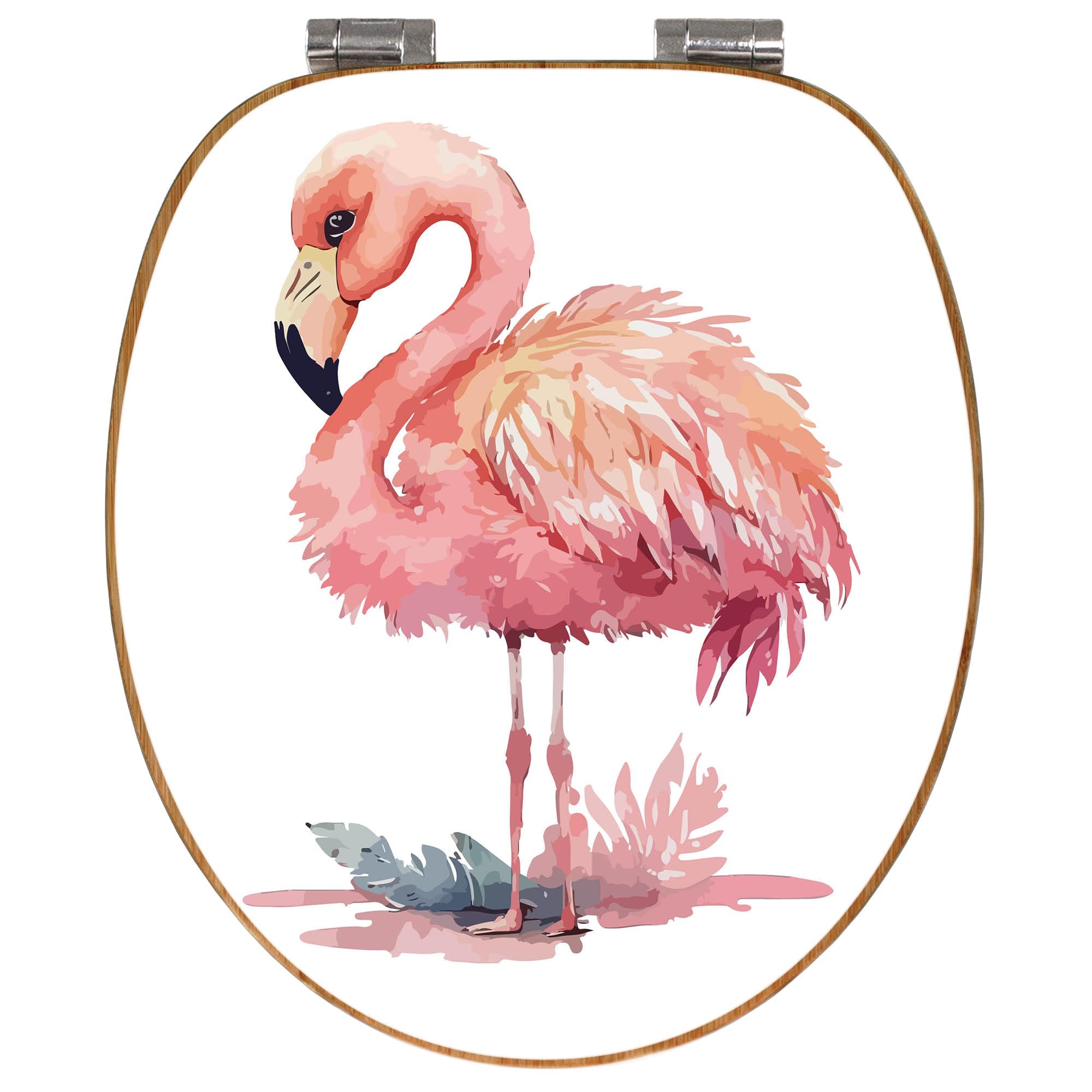 banjado Design WC Sitz Bambus Absenkautomatik 45,8x37,5cm - Toilettendeckel mit Absenkautomatik Holz - hochwertiger Bambus Klodeckel - WC-Sitz für gängigen Toiletten - Motiv Aquarell-Flamingo klein