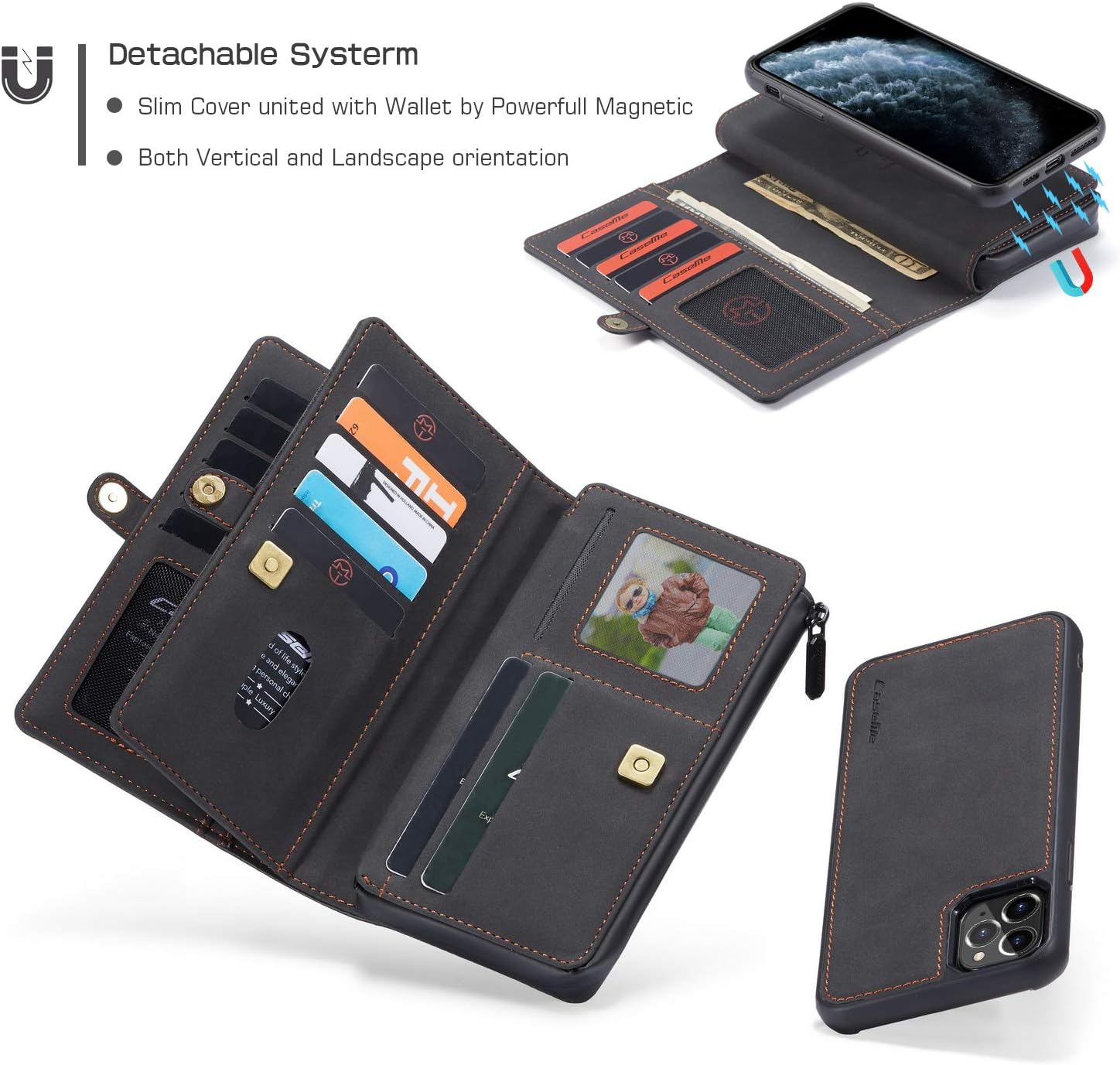 Authеntіс Crаzу Dеаlѕ Caseme iPhone 11 Detachable Wallet Leather Case Minimalist Zipper 18 Credit Card Holder Cash Clip Magnetic Wrist Strap Wristlet iPhone 11 Pocket Purse Flip Cover for Man Women (Black, iPhone 11)