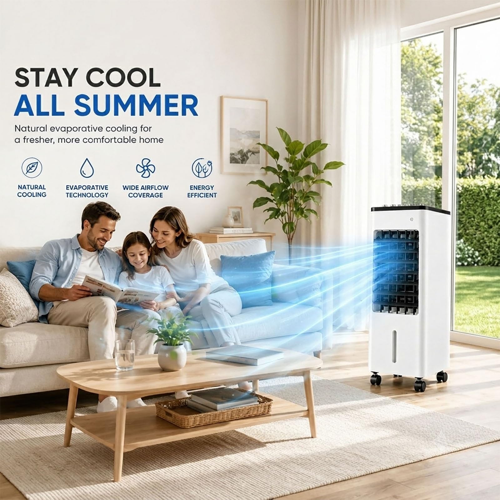 Rinfrescatore d'Aria Evaporativo 6L, Ventilatore Portatile con 4 Panetti di Ghiaccio, 3 Velocità, Timer 8H, Telecomando & Touch Control(White)