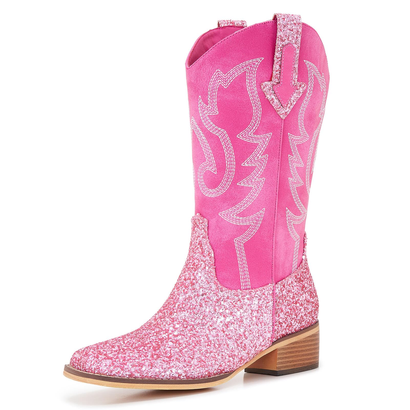Women Mid Calf Western Cowboy Boots with Glitter Leather Pink Sparkly Cowgirl Boots with Embroidered Design Square Toe