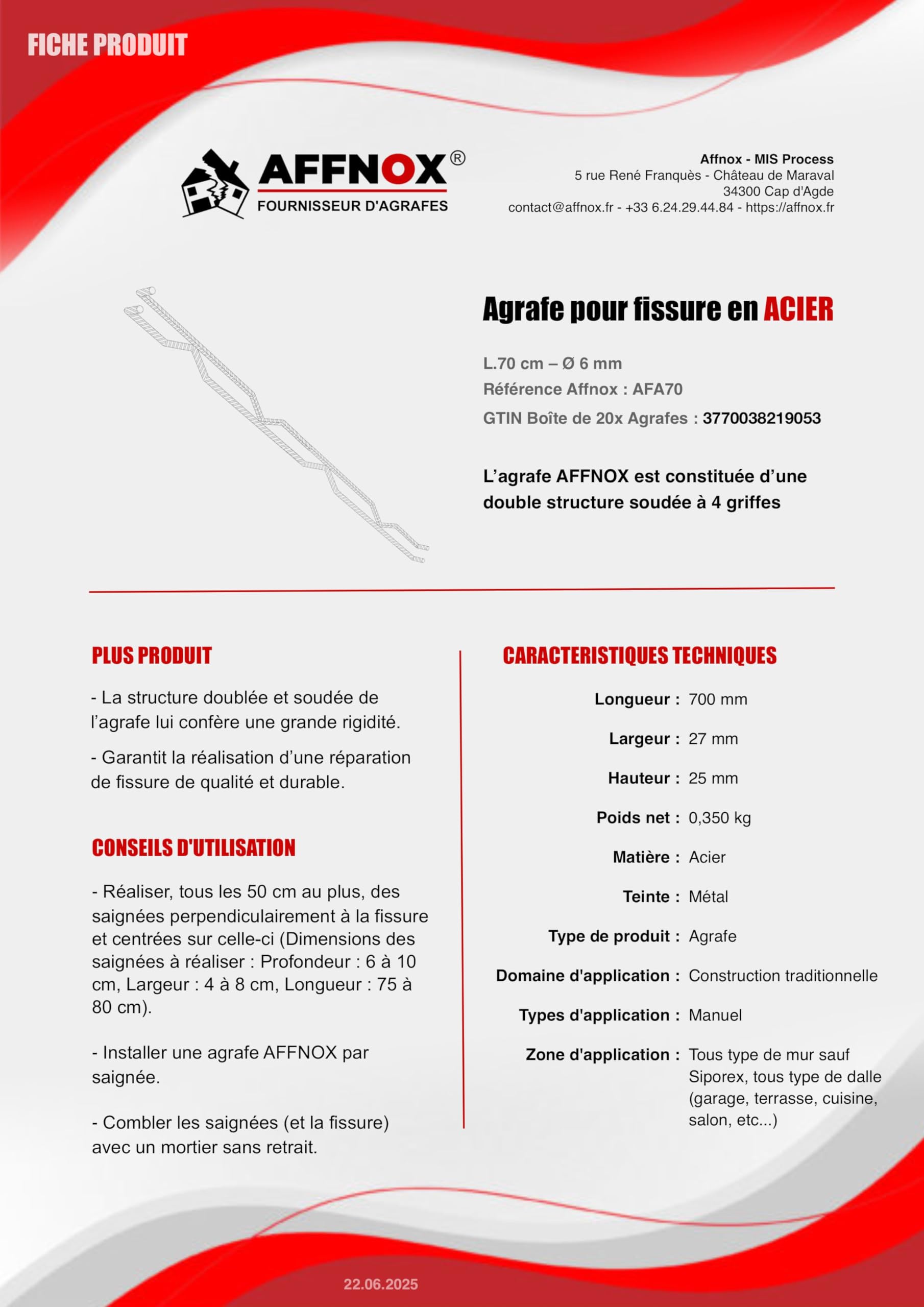 Pack Hercule Affnox : Agrafes en Acier Haute Résistance pour Fissures Murales | 20 Pièces, 6x30cm/8x50cm/6x70cm | Fissure mur, maçonnerie, tous type de murs