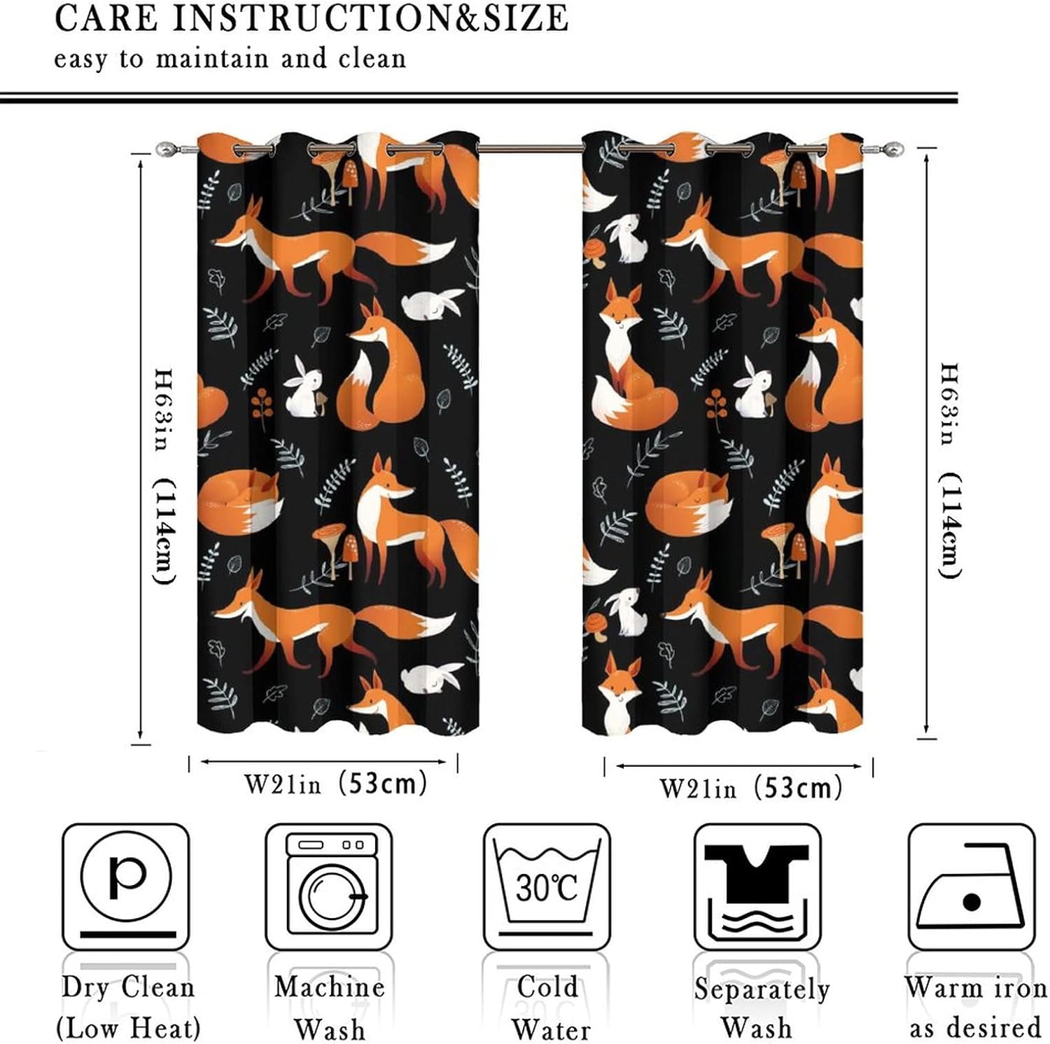 Rustic Woodland Animal Fox Blackout Curtains for Bedroom,Funny Cute Cartoon Forest Animal Fox Leaves Print Grommet Thermal Insulated Room Darkening Curtains Window Drapes 2 Panels 45L x 21W