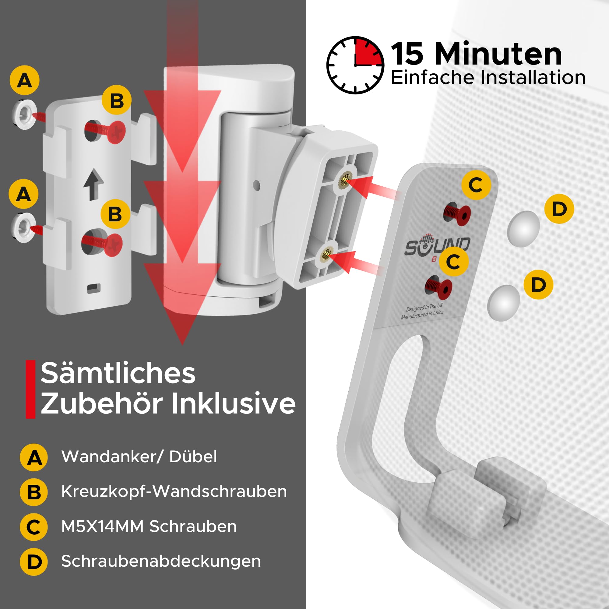 Sound bass ONE/Gen2/ONE SL/Play:1 Halterung, Neigbar, Weiß, 2er-Pack | Kompatibel mit Sonos ONE, ONE Gen 2, ONE SL & Play:1, Mühelose Installation mit Montageset, Doppelpack (2 Stück)