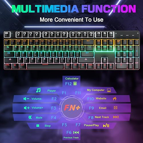 Miniatura 3 de Teclado mecánico para juegos, 104 teclas retroiluminadas LED, sensación mecánica, anti-fantasma, teclado de tamaño completo con interruptor azul