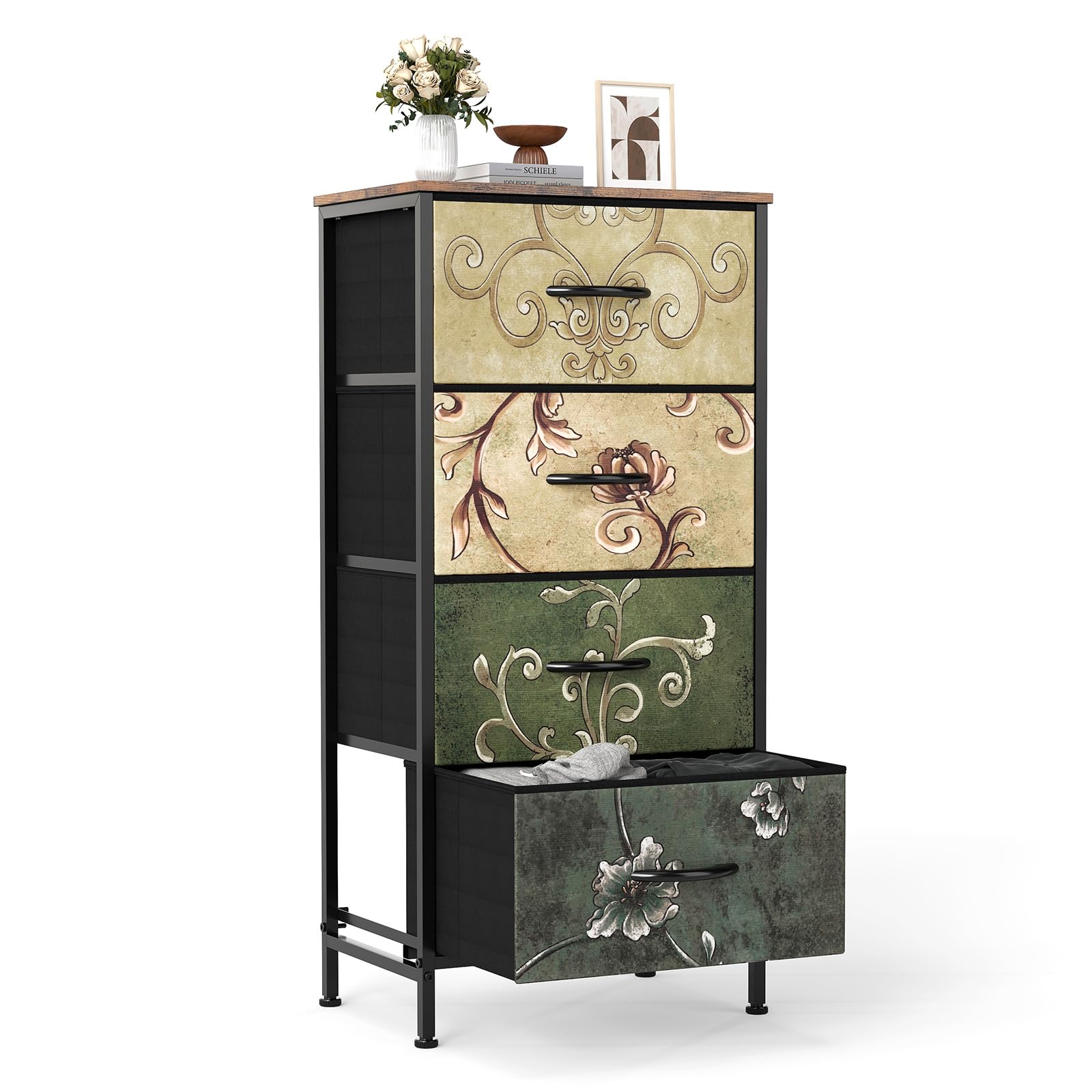 DUMOS Nightstand with 4 Drawers Bedside Table with Removable Fabric Bins Sturdy Steel Frame Wood Top Organizer Furniture for Bedroom Closet Living